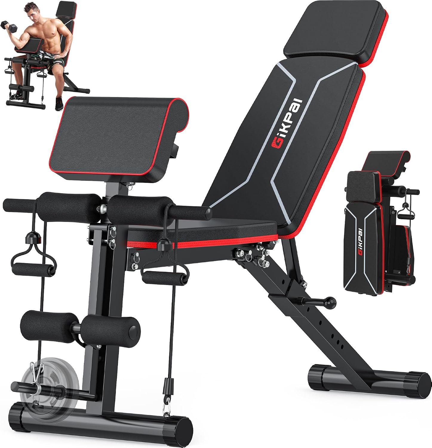 GIKPAL Adjustable Weight Bench – Workout Bench Press for Home Gym, Foldable Incline Decline Sit up Exercise Bench for Full Body Strength Training w/Leg Extension and Preacher Pad