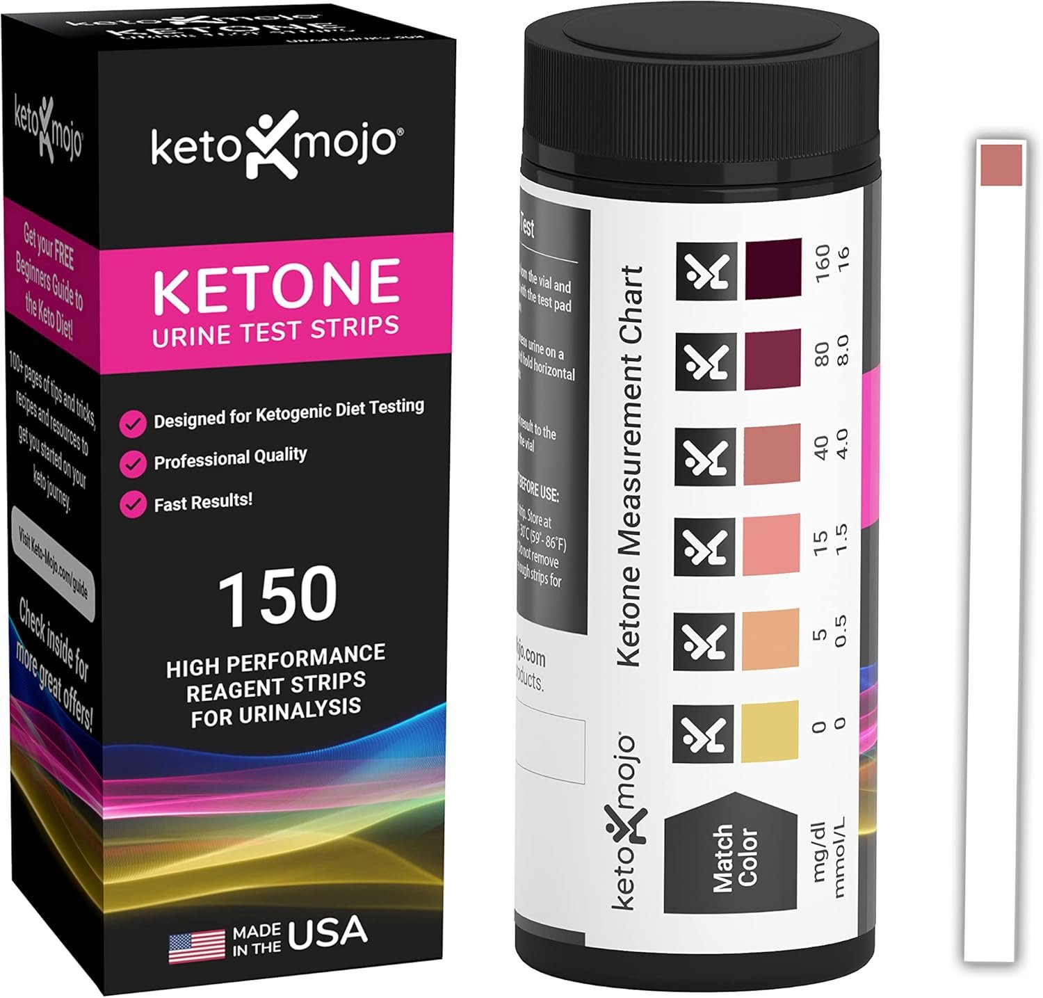 150 Ketone Urine Test Strips, App & Keto eBook Included, Extra-Long for Easy Sampling, Urinalysis Dipstick Test for Ketosis on Ketogenic, Low-Carb, and Fasting Diets