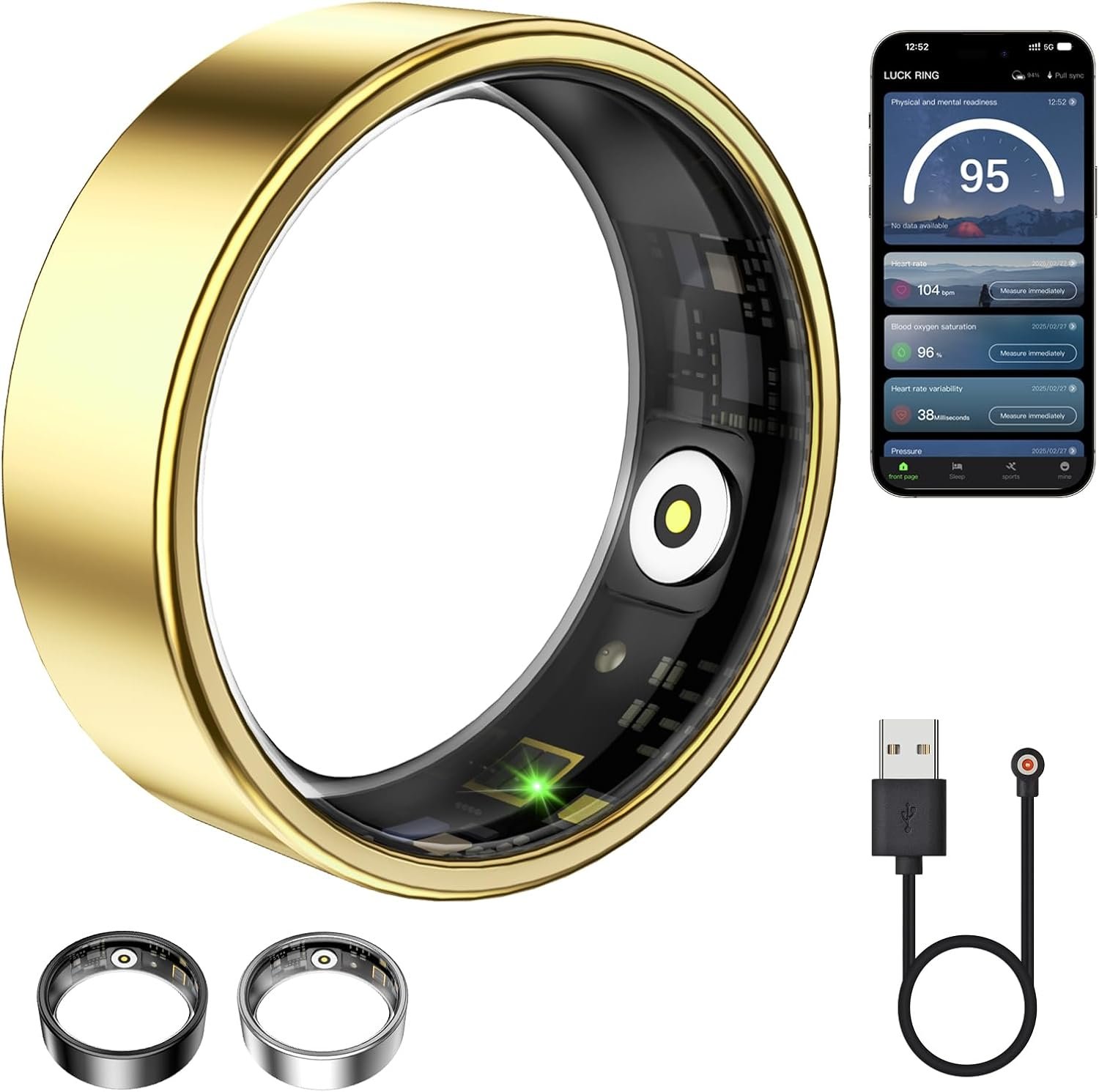 Smart Ring for Women & Men, Fitness Tracker with Heart Rate, Blood Oxygen, Sleep Monitoring, Long-Lasting Battery, IP68 Waterproof, Compatible with iPhone & Android (Gold, 7#)