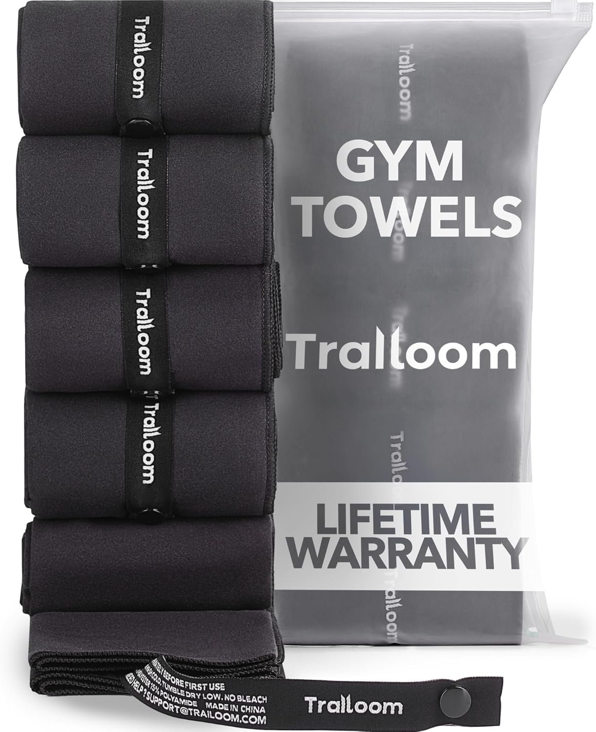 Trailoom Microfiber Workout Towels – Quick Dry, Highly Absorbing, Odor-Free, for Men & Women – Gym Sweat Sports Towel for Hot Yoga, Tennis, Running, Exercise, Working Out, Camping, Set of 5 Black