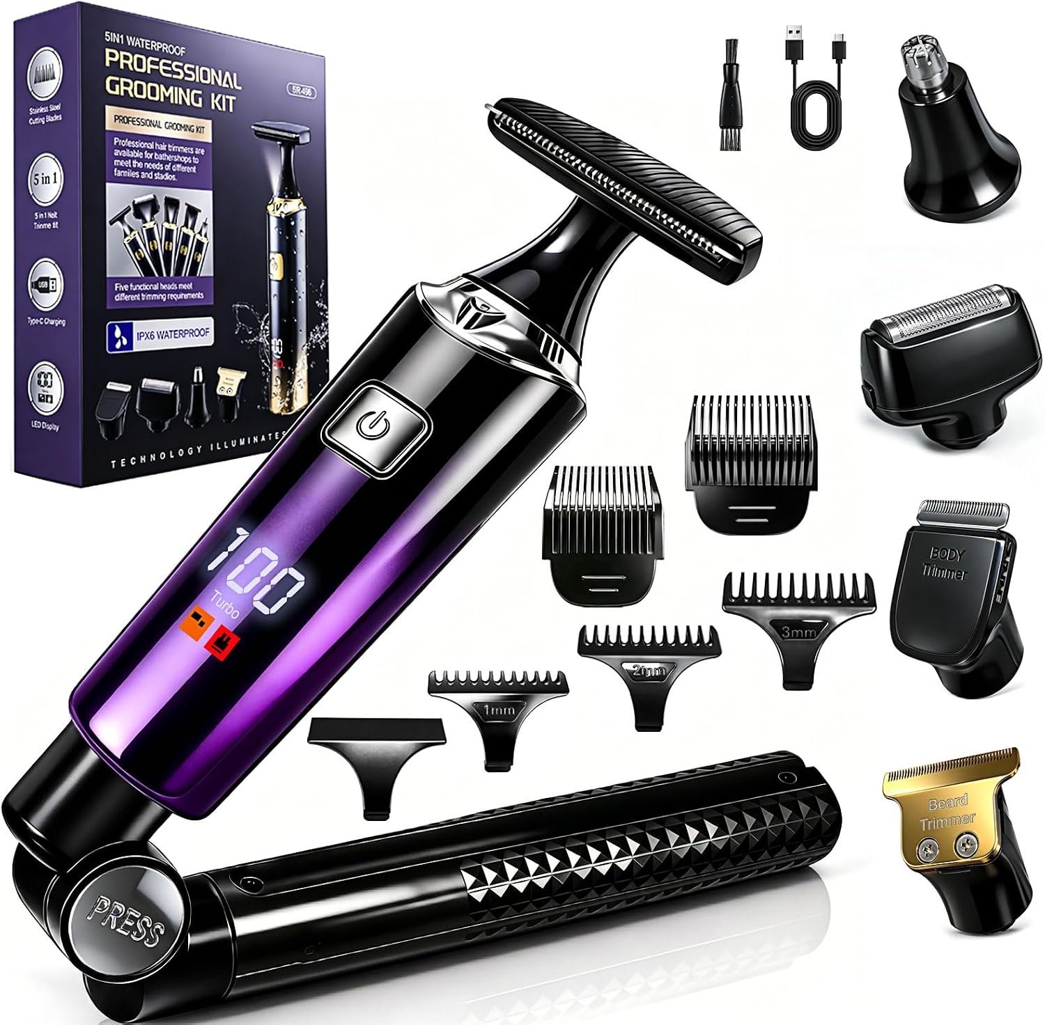 Electric Mens Back Shaver Body Trimmer Hair Groomer 5 in 1 Kit with Extendable Auxiliary Arm Waterproof Facial,Chin,Arm,Back,Pubic Hair Trimmer Grooming Set，Multi-Functional Back Trimmer for Men
