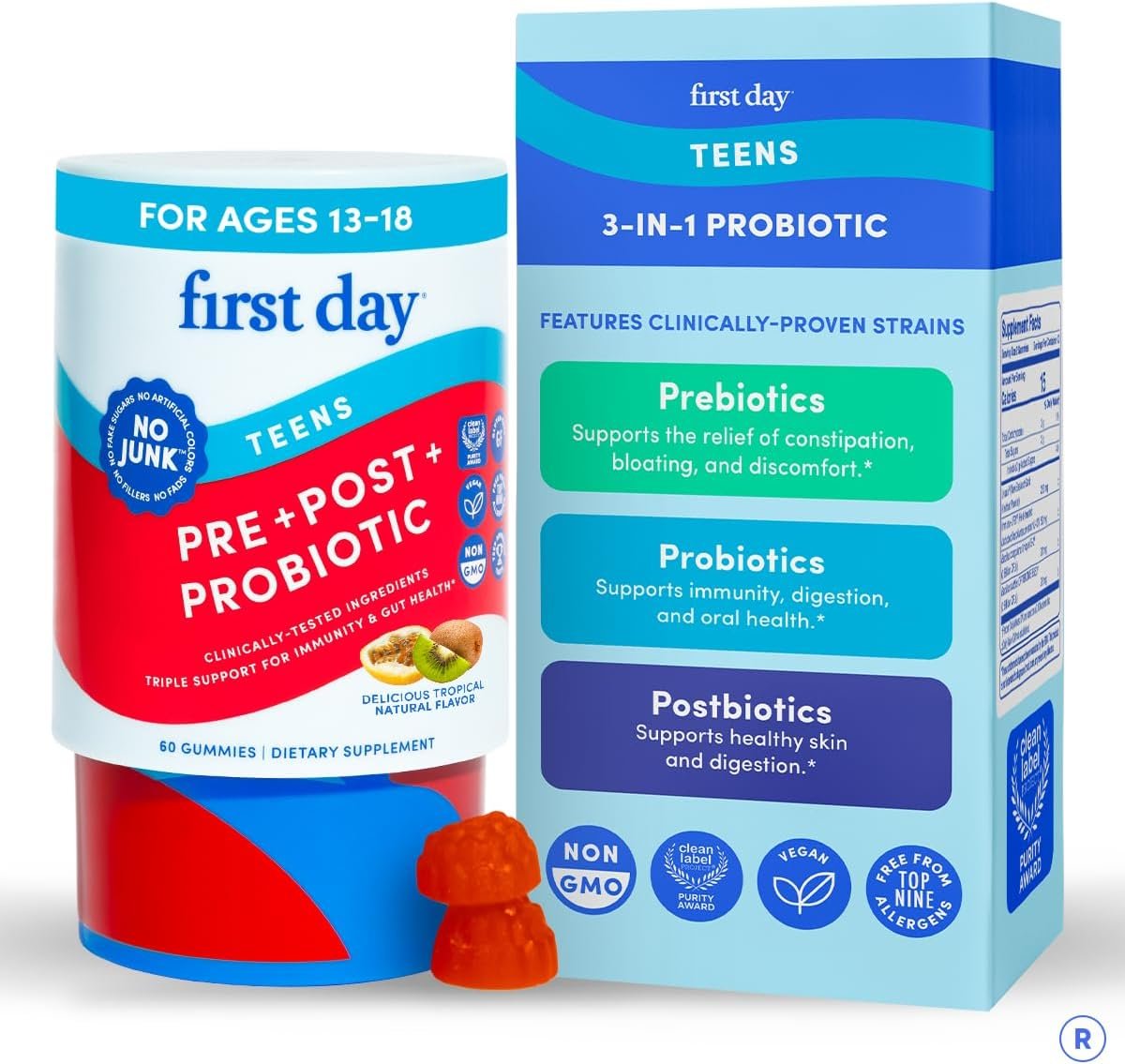 FIRST DAY Vitamins for Teens 3-in-1 Probiotic Gummies – Prebiotic + Probiotic + Postbiotic for Teens Girls & Boys 12-17 – Skin Health, Digestive & Oral Health, Immunity, Energy – 30-Day Supply