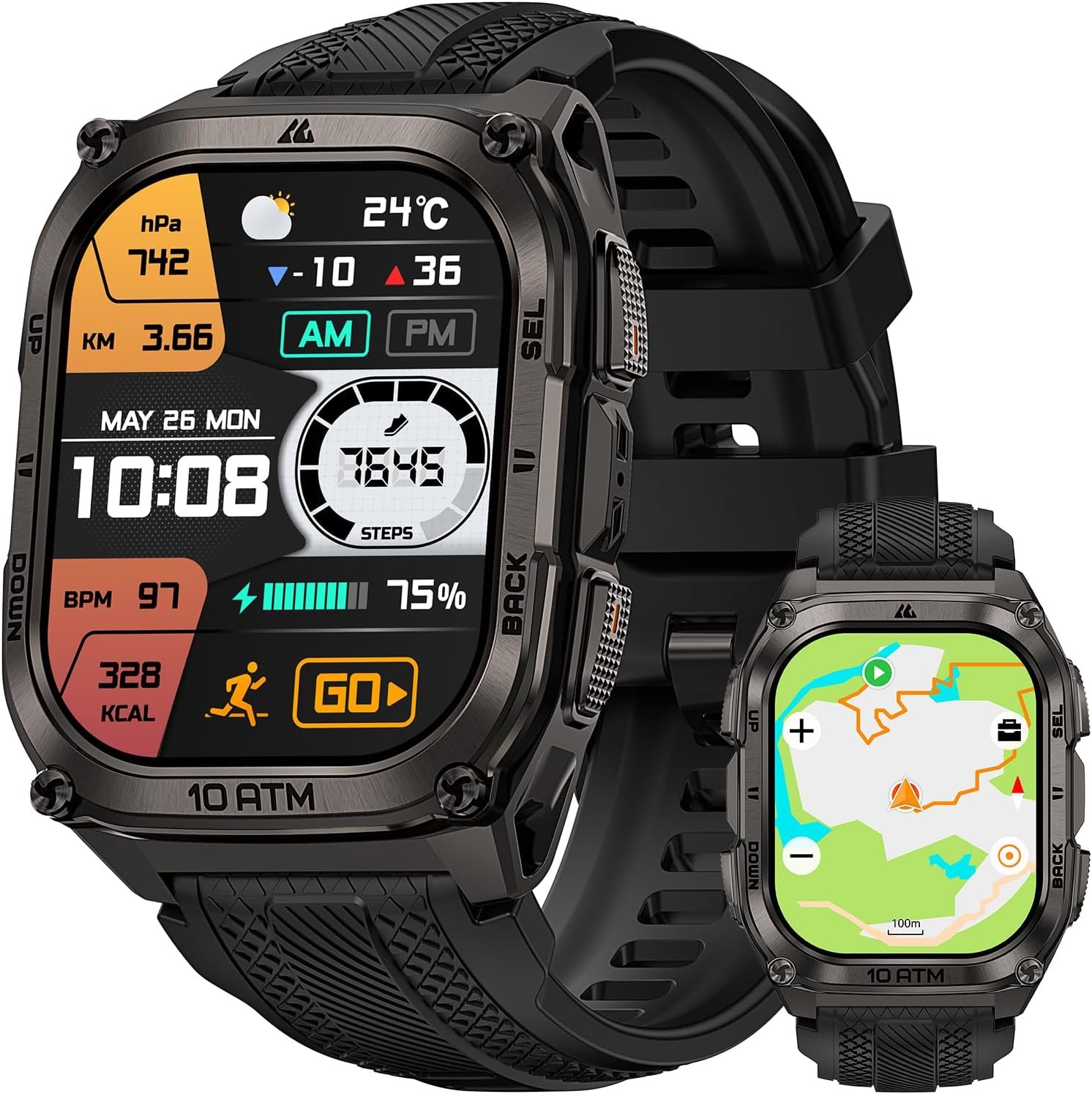 KOSPET Tank M4 Rugged Smart Watch for Men, GPS & Offline Maps, 10ATM Waterproof, 15-Day Battery, 180+ Sport Modes, Full Stainless Steel, Bluetooth Calls, 24/7 Heart Monitor for Android & iOS