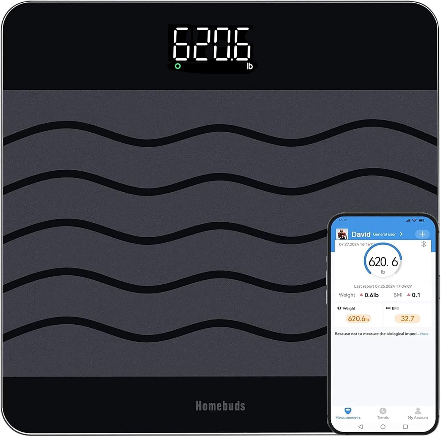 Homebuds 660lb Scale for Body Weight, Precision 0.1lb by Our Professional Scale Factory Since 2001, Smart Digital Weight Scale BMI Via APP, 8mm Non Slip Tempered Glass 12.4 * 12.4in, LED, Black