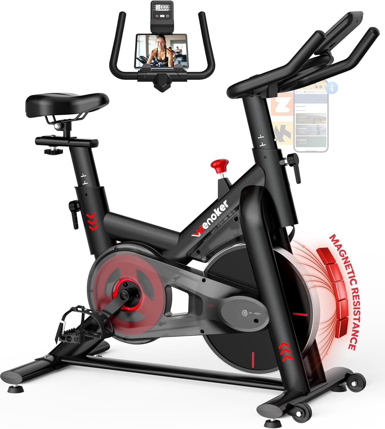 Exercise Bike – 350LB Magnetic Resistance Stationary Bike, Silent Indoor Cycling Bike with App Sync, Adjustable Seat, LCD Monitor, Smooth & Quiet for Cardio Workout