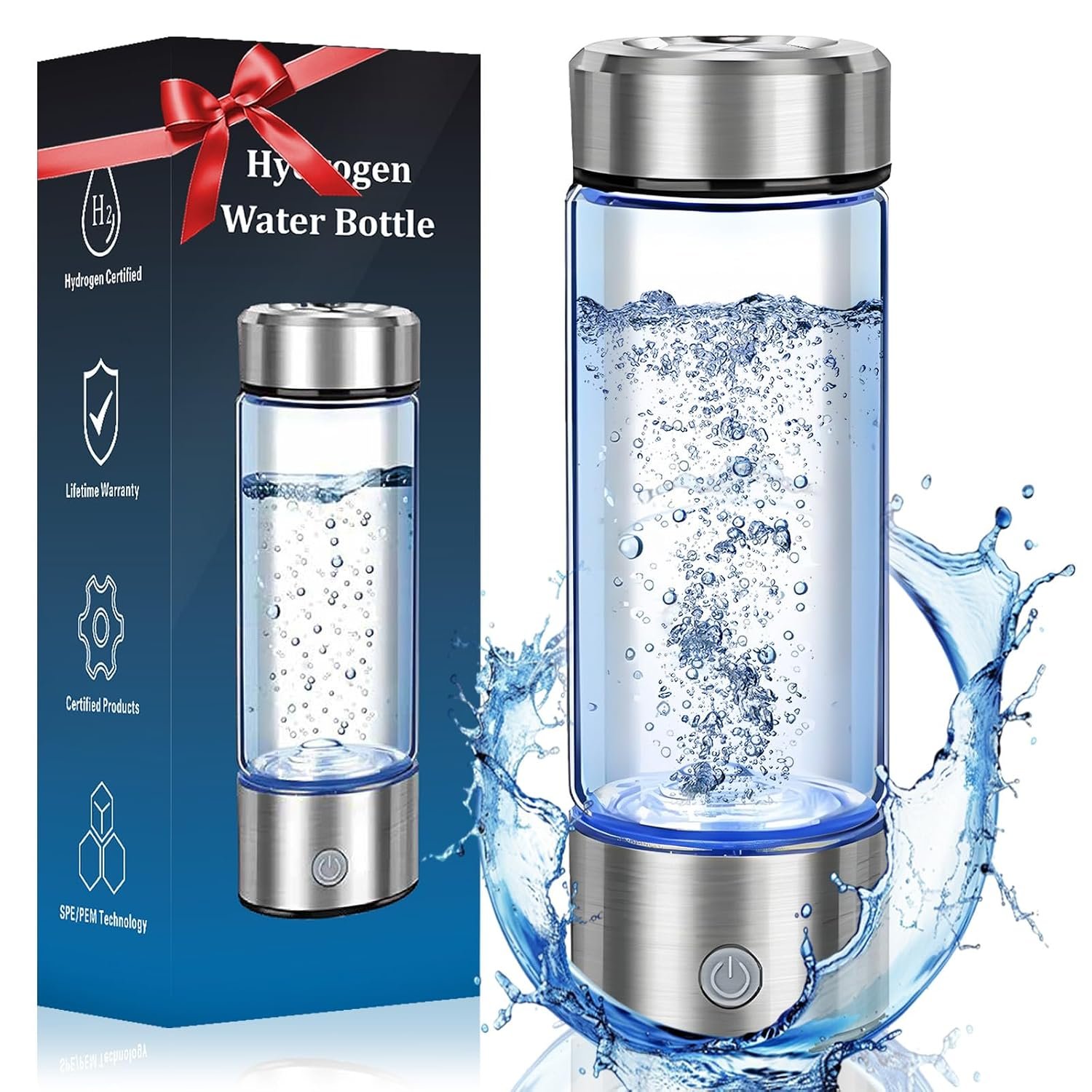 Hydrogen Water Bottle Generator – 14oz Portable Rechargeable Hydrogen Rich Water Maker with SPE/PEM Technology for Home Gym Travel