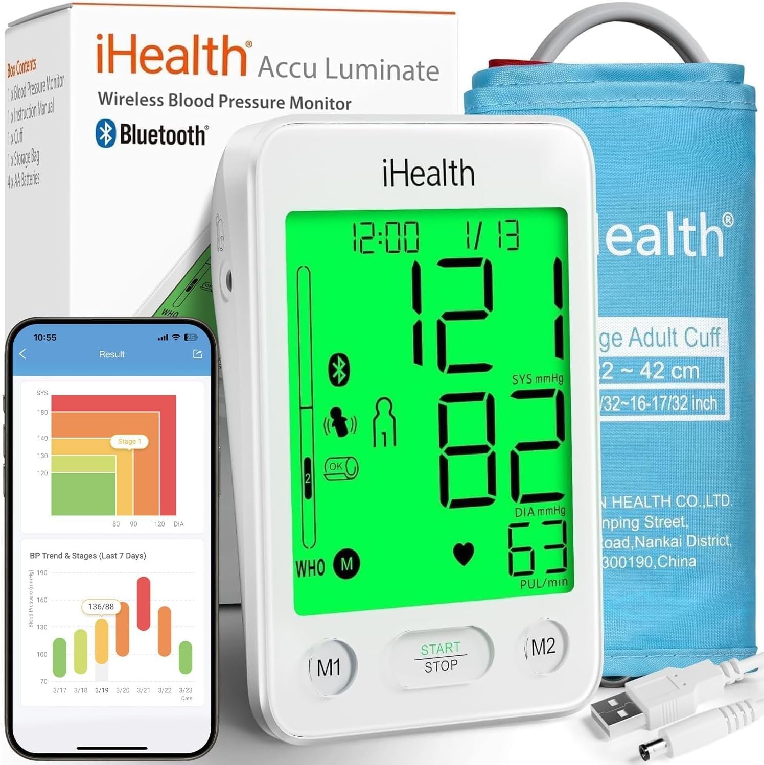 iHealth Accu Luminate Blood Pressure Monitor – 4.5″ Tri-Color WHO-Based LCD(White), Clinically Accurate, Irregular Heartbeat Alert, Body & Cuff Detection, Bluetooth Cloud Sync, Large 8.6″–17″ Cuff