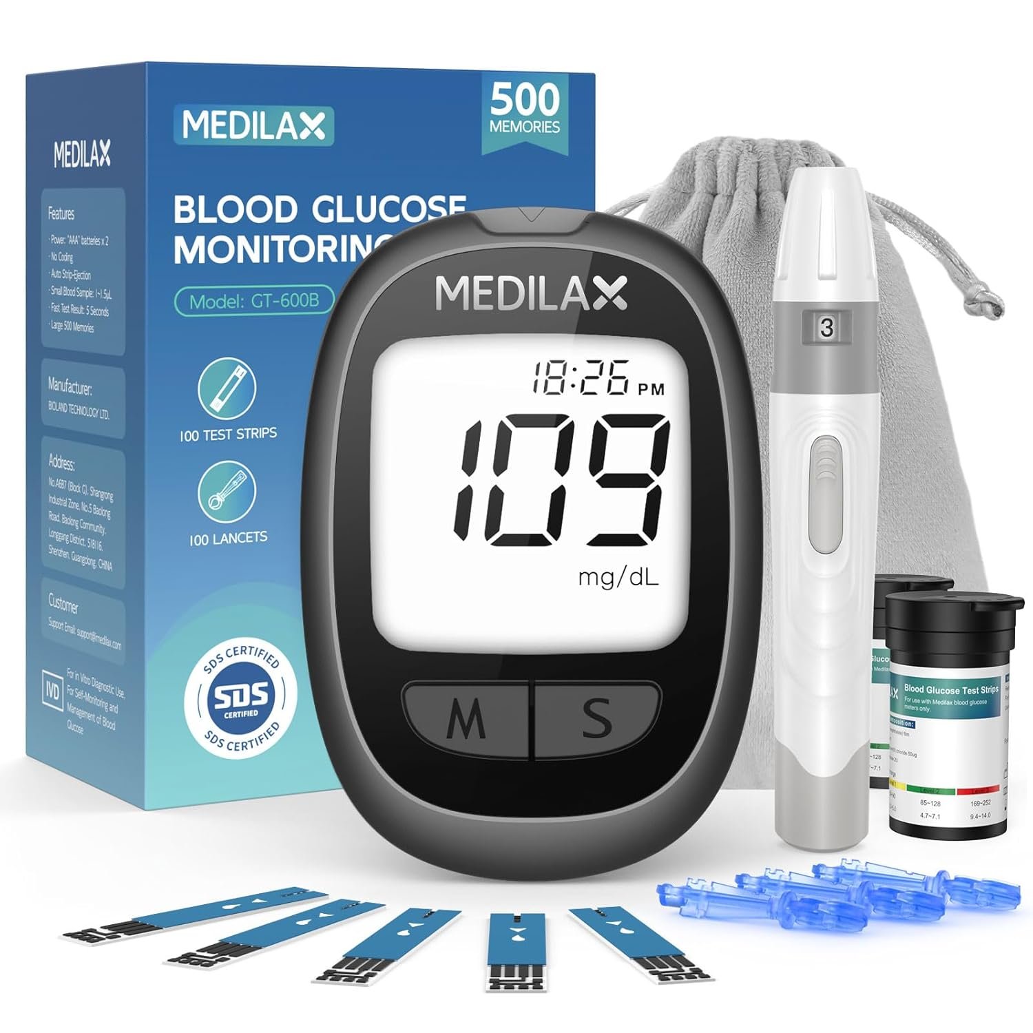 Medilax Blood Glucose Monitor Kit, 100 Test Strips & 100 Lancets Blood Sugar Testing Kit with Glucometer and Lancing Device, No Coding, 500 Storage Glucose Monitor for Home Use, Diabetes Testing