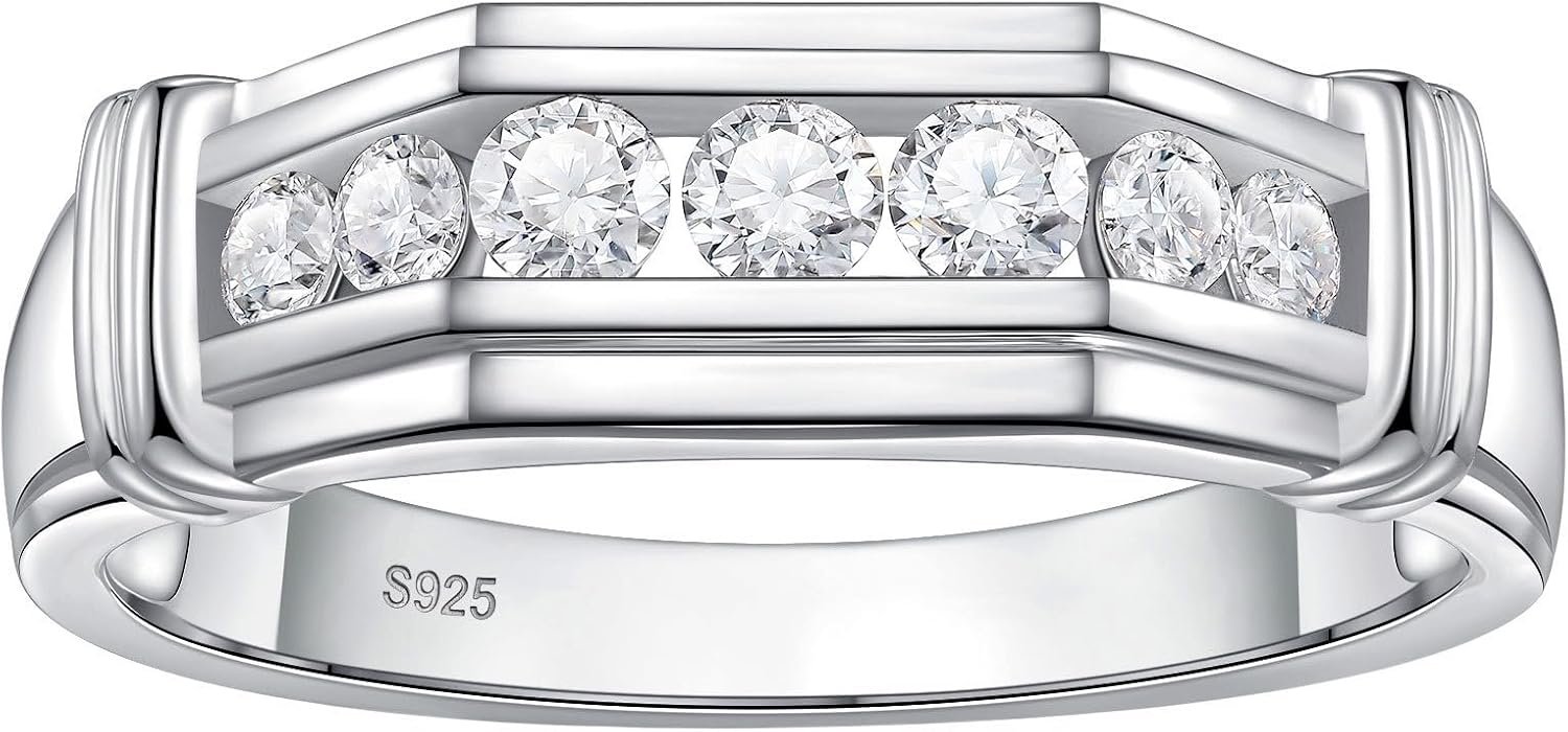 Mens Lab Grown Diamond Wedding Band, 7 Stone 0.60 ct tw 925 Sterling Silver Ring Gift for Him Size 7-14