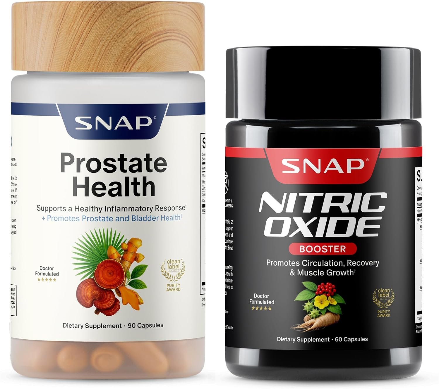 Snap Supplements Nitric Oxide Booster + Prostate Health Supplements for Men, Circulation, Stamina & Urinary Support, L-Citrulline, L-Arginine, Saw Palmetto for Men, Caffeine-Free, 60 + 90 Capsules