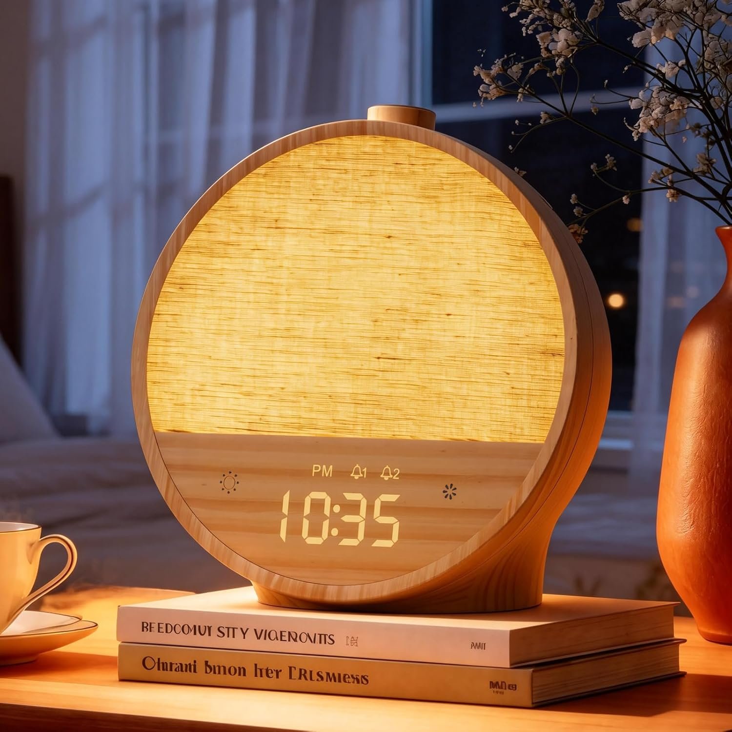 Vivilumens Sunrise Alarm Clock with Sound Machine, Gentle Wake-Up Light, Dual Alarms for Heavy Sleepers Adults, Dimmable RGB Mood Light Digital Alarm Clocks for Bedrooms, Wood Grain