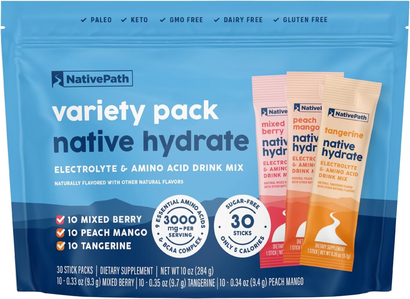 NativePath Hydrate Electrolyte Stick Packs Variety Pack – Zero Sugar Drink Mix with 2,000mg BCAAs, 14 Vitamins & Minerals – Mixed Berry, Peach Mango & Tangerine, 30 Packets