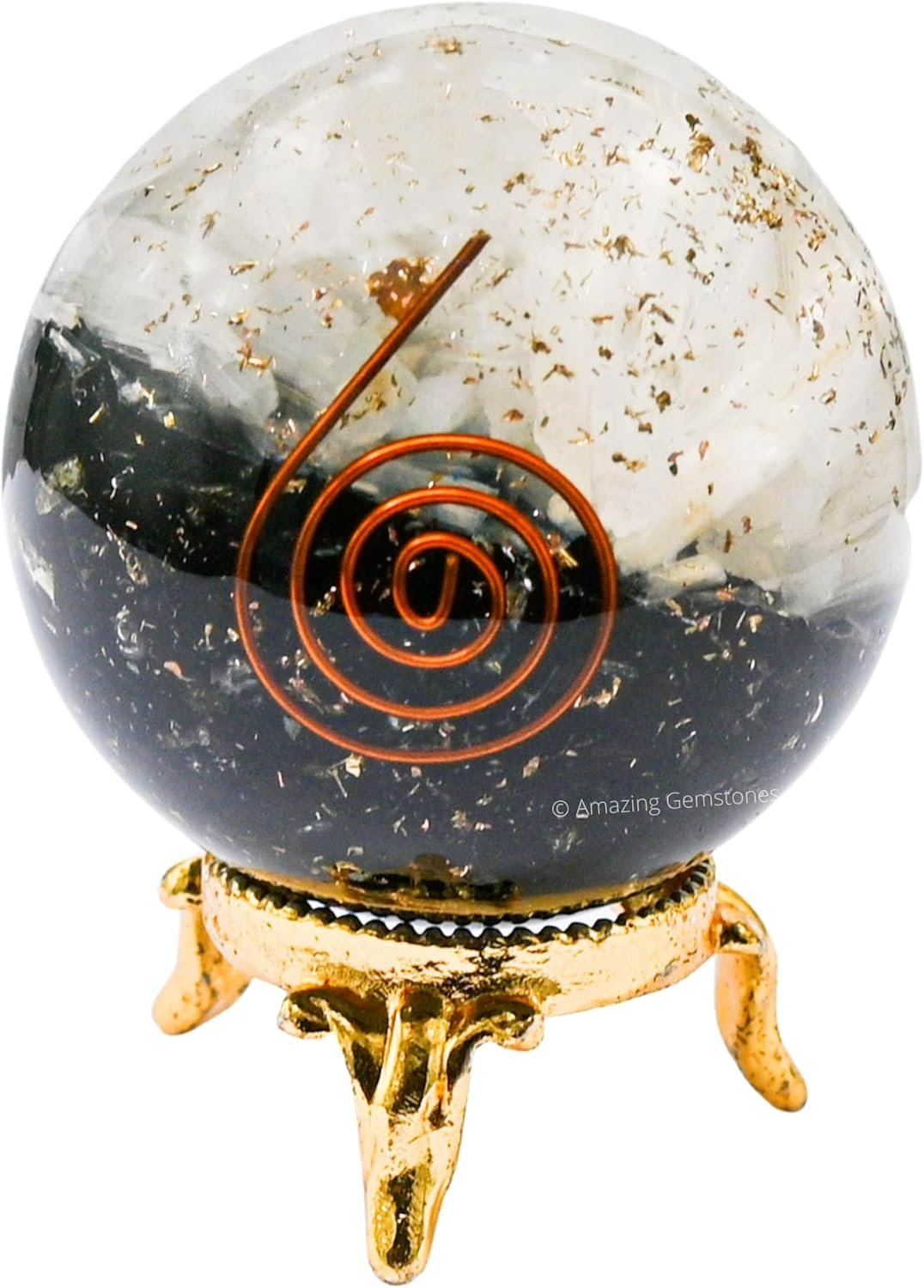 Amazing Gemstone 2″ Black Tourmaline Selenite Orgonite Orgone Crystal Sphere Ball with Stand – Meditation Crystal Ball for Witchcraft and Decorative Balls – Premium Gemstone Sphere Balls (Layered)