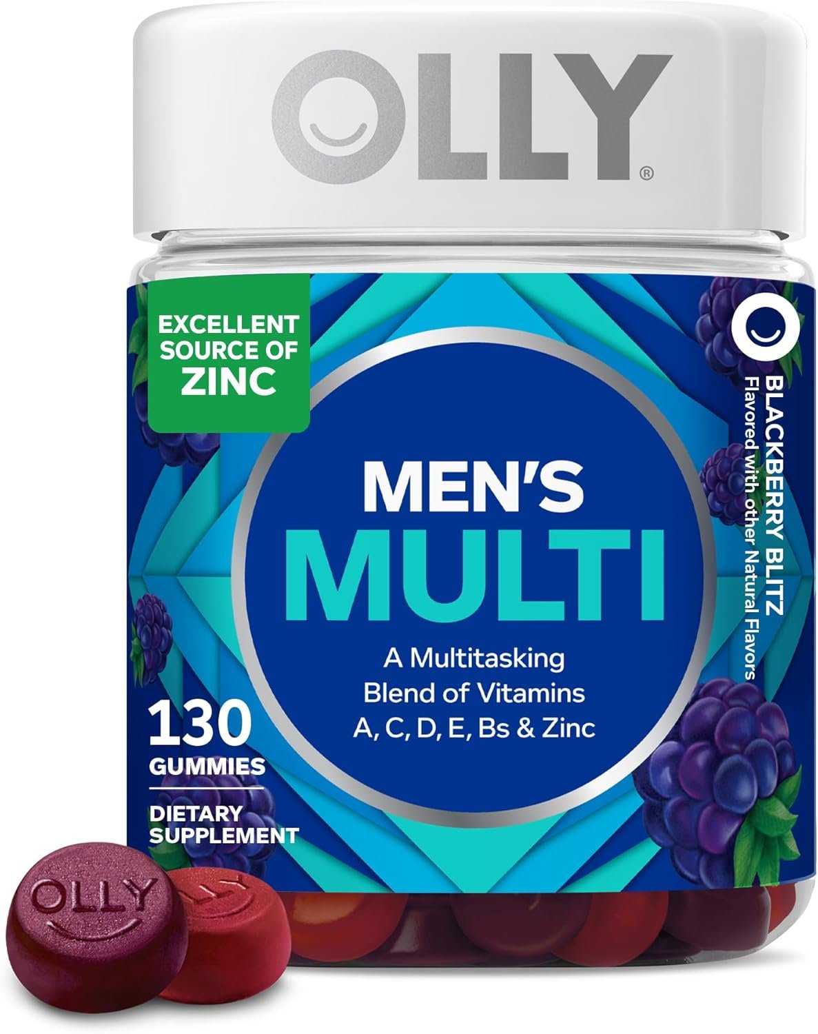 OLLY Men’s Multi Gummies, Supports Overall Wellness,* Vitamins A, C, D, E, Bs & Zinc, BlackBerry Blitz Flavored, 65 Day Supply – 130 Count