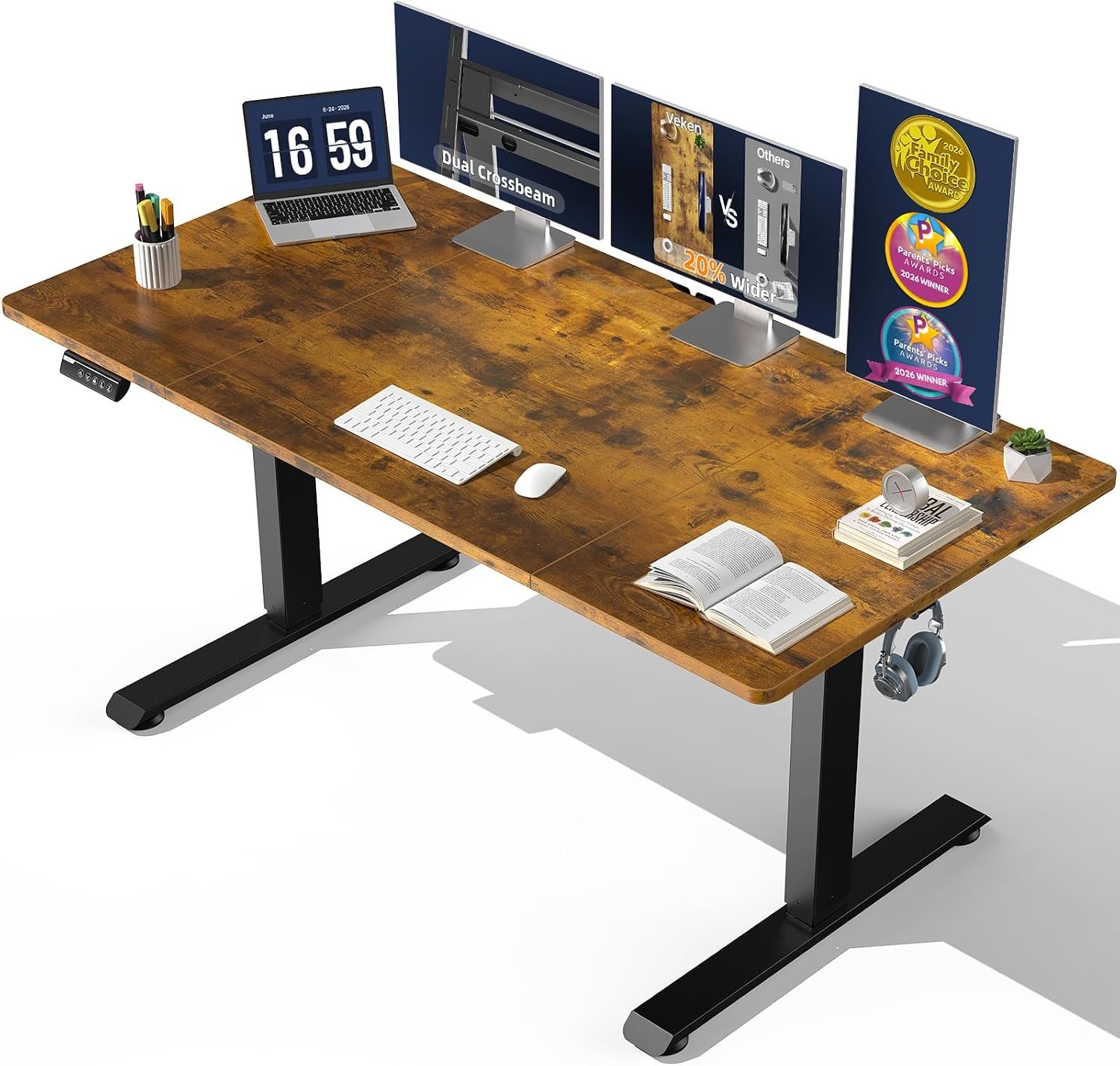 Veken 63″ x 28″ Super Large Standing Desk, Conference Room Tables, Height Adjustable Electric Computer Desk, Sit to Stand Up, Modern Workstation for Home Office, Writing, Gaming Study, Brown