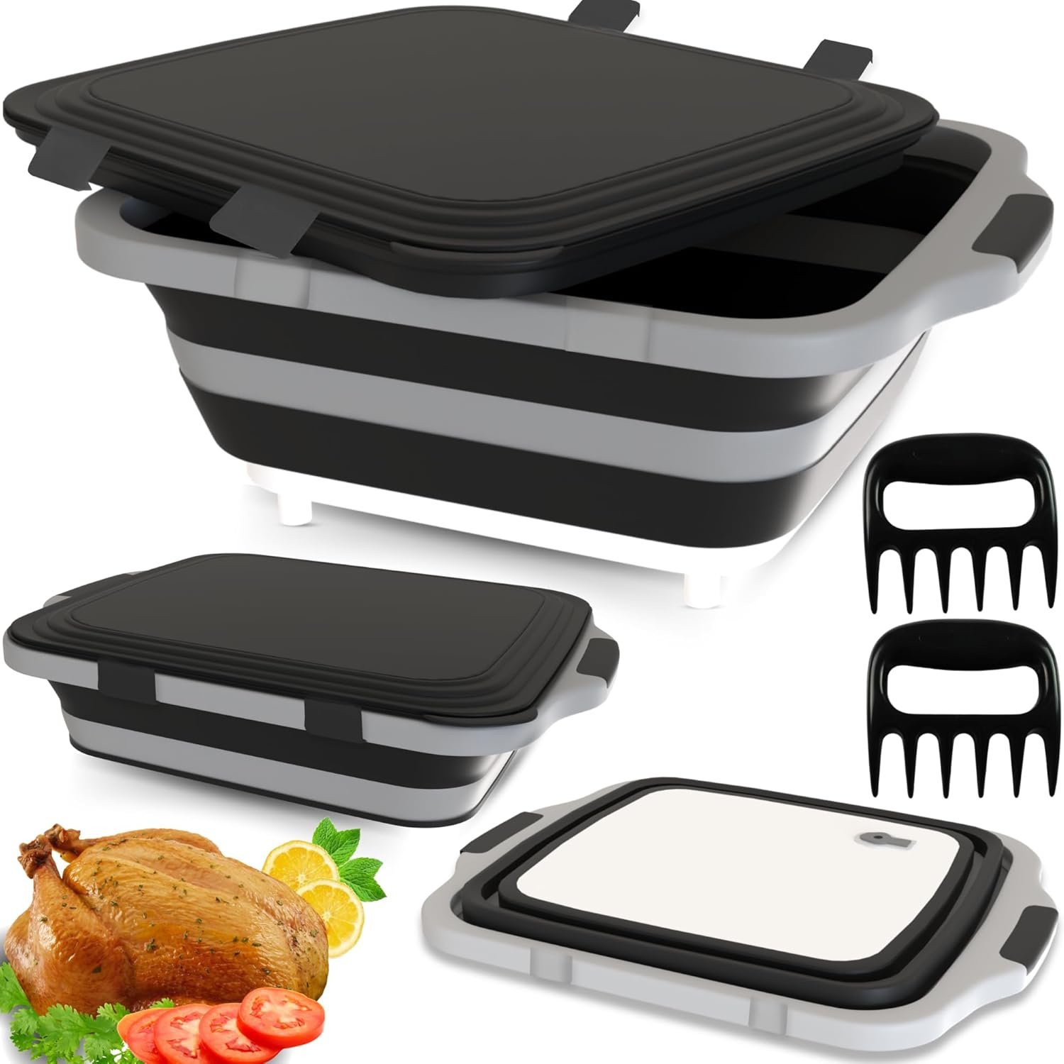 MAYALEAD BBQ Prep Tub with 2 Pcs Meat Shredder Claws, 4.22Gal/16L Collapsible Cutting Board with Locking Lids, 3 Adjustable Height – Ideal for Indoor and Outdoor (Black)