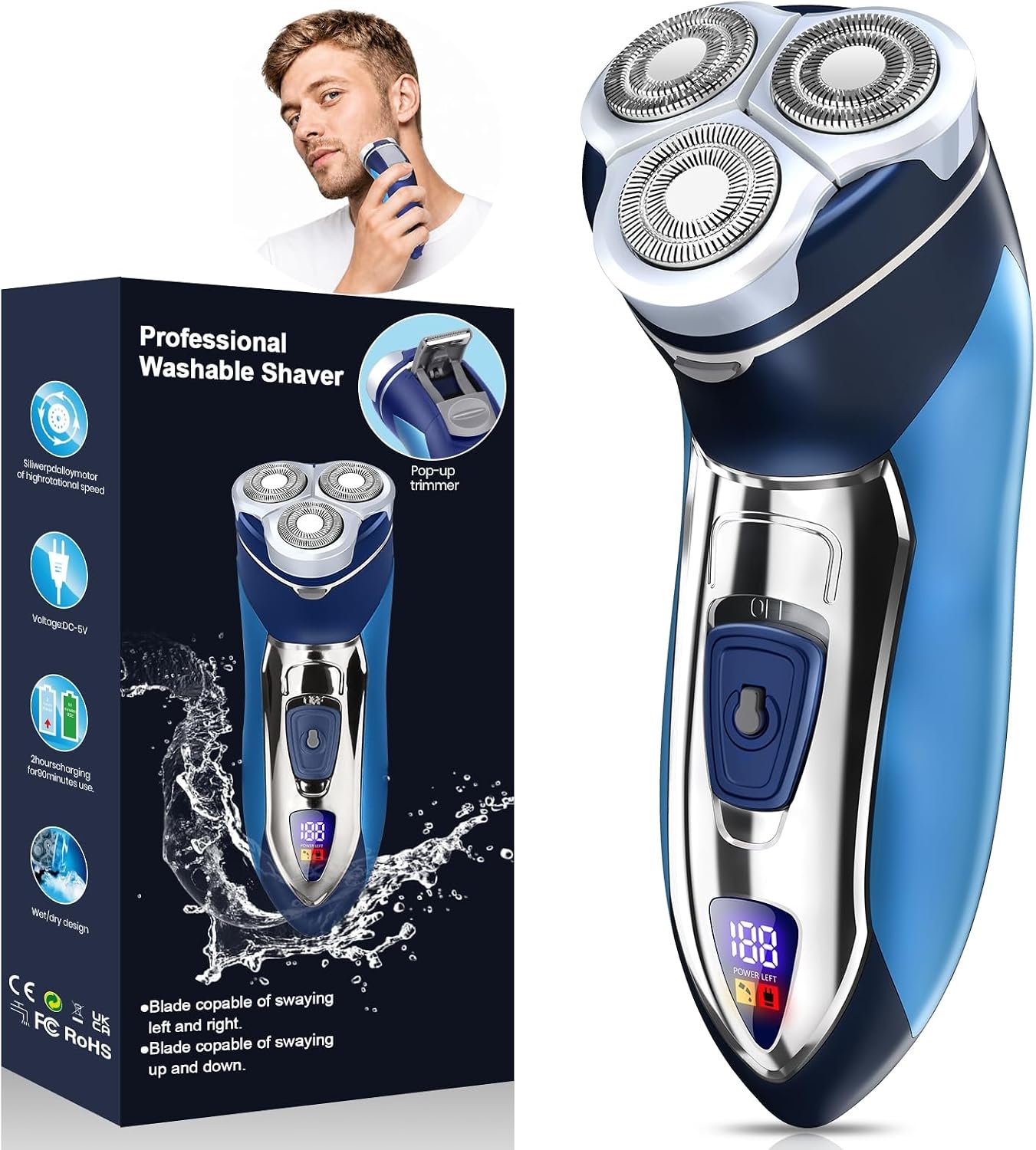 Electric Razor Beard Trimmer for Men, Electric Face Body Shaver with 4D Floating Head & LCD Display IPX7 Waterproof Wet & Dry Shave Safety Razors, Beard Trimmer Gifts for Men