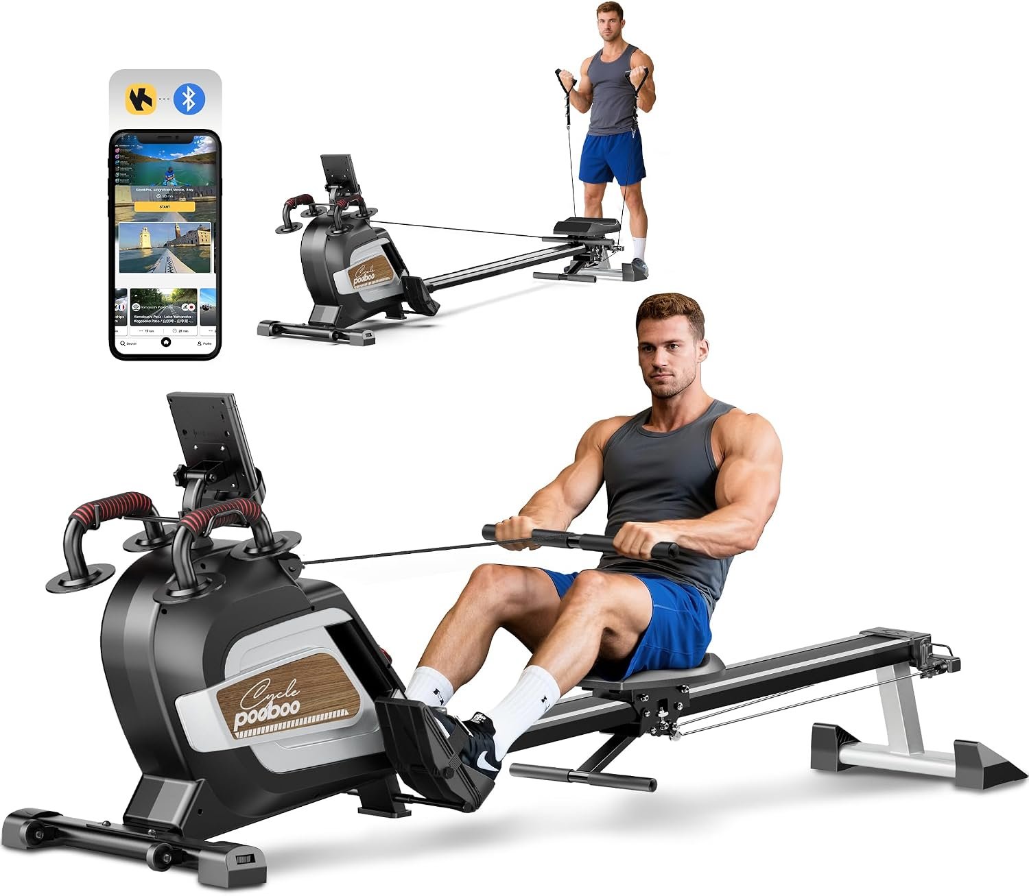 pooboo Rowing Machines for Home, Magnetic Rowing Machine with Adjustable Resistance, Folding Rower Machine of Quiet, 350lbs Weight Capacity, Comfortable Seat Cushion, LCD Monitor, App Support