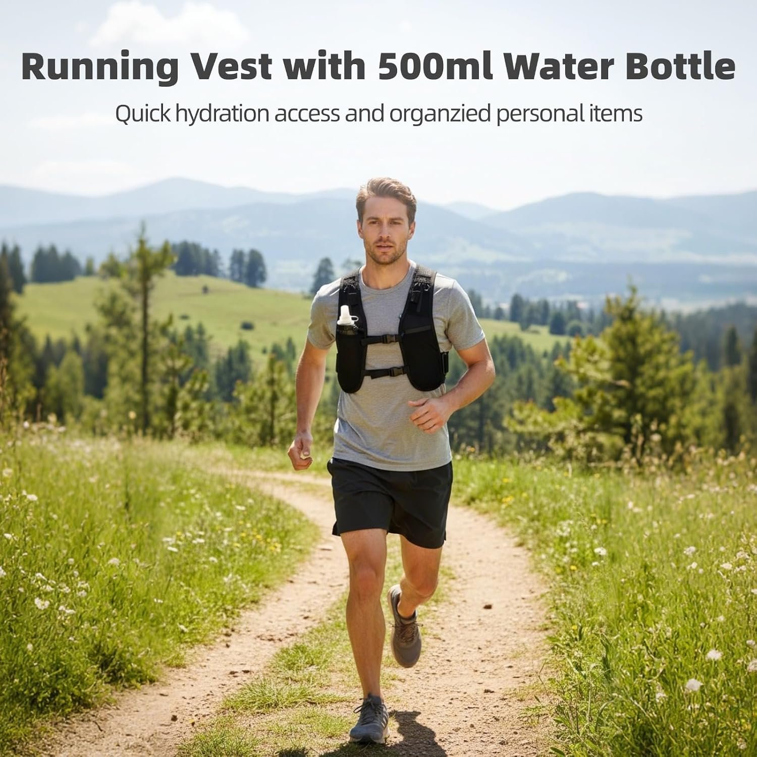 Running Vest with 500ml Water Bottle, Adjustable Chest Straps Running Hydration Vest for Women Men, Adjustable Running Backpack, Polyester Marathon Vest for Outdoor