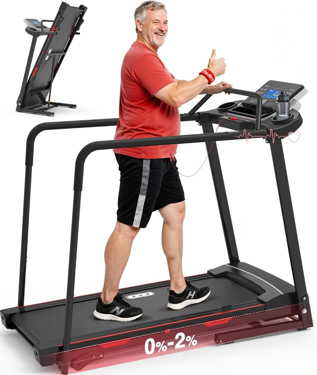 Redliro Walking Treadmill for Seniors Foldable – 400 Lb Capacity Senior Treadmill with Front & Long Handrails, 0%-2% Incline Home Recovery Fitness Exercise Machine for Elder, 47.6″ Long Belt, APP