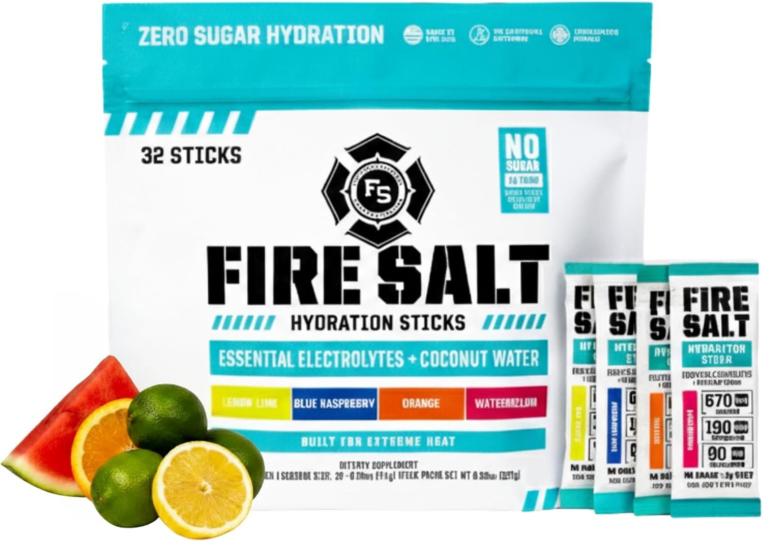 Fire Salt Hydration Sticks with Electrolytes & Organic Coconut Water, Magnesium & Mediterranean Sea Salt, Zero Sugar, Single Serve On the Go Packs, Variety Pack, 32 Count