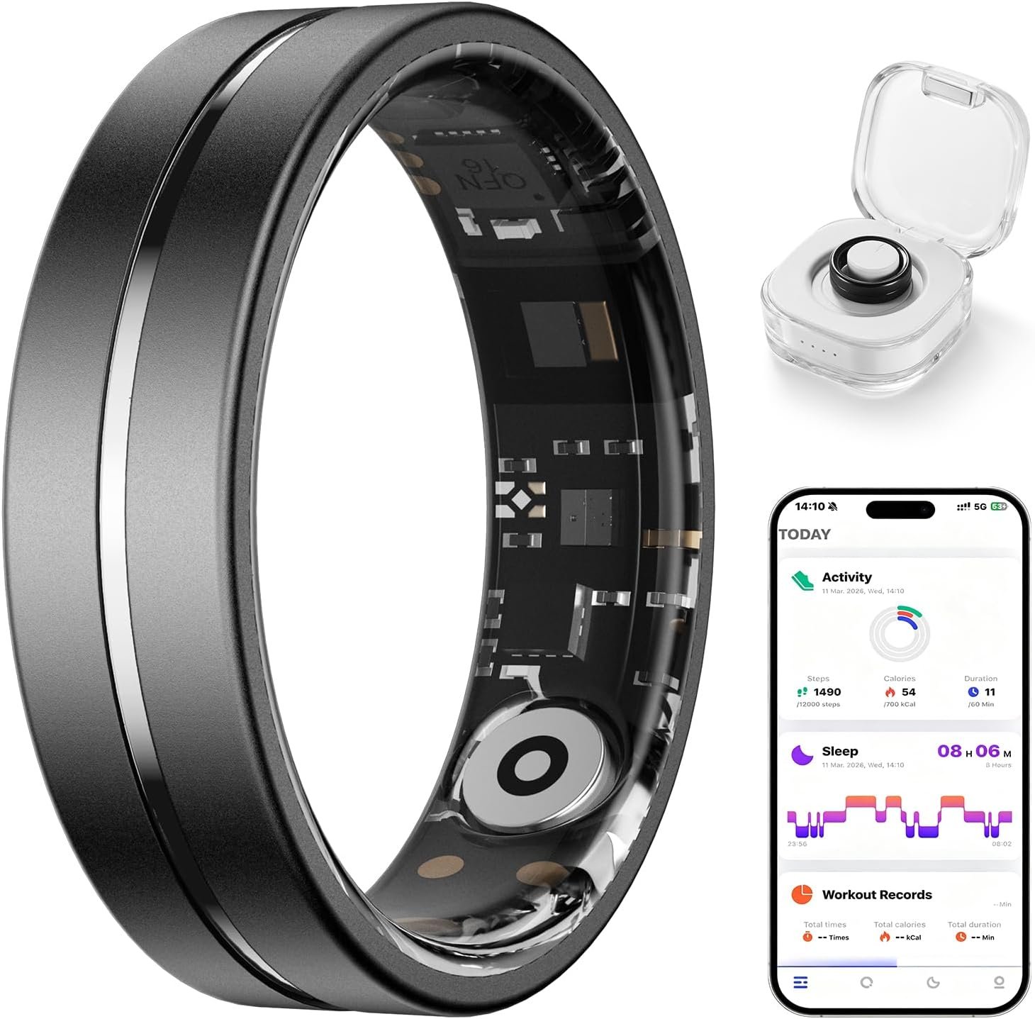 Smart Ring for Women Men, AI Health Fitness Tracker with Sleep, Heart Rate, HRV, Stress, Gesture Photo, IP68 Waterproof, No Subscription, iOS Android (Matte Black,10)