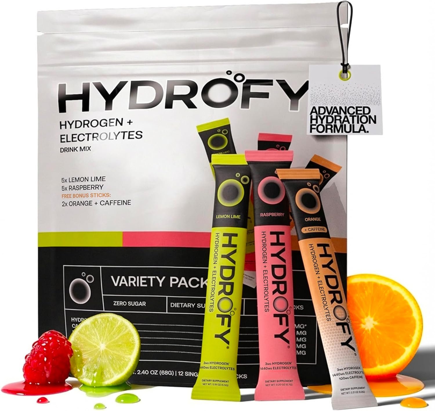 Hydrofy Hydrogen Water + Electrolytes Drink Mix – Variety Pack | H2 Hydration Packets with Molecular Hydrogen, Sodium, Potassium, Magnesium | Lemon Lime, Raspberry, Orange + Caffeine | 12 Count