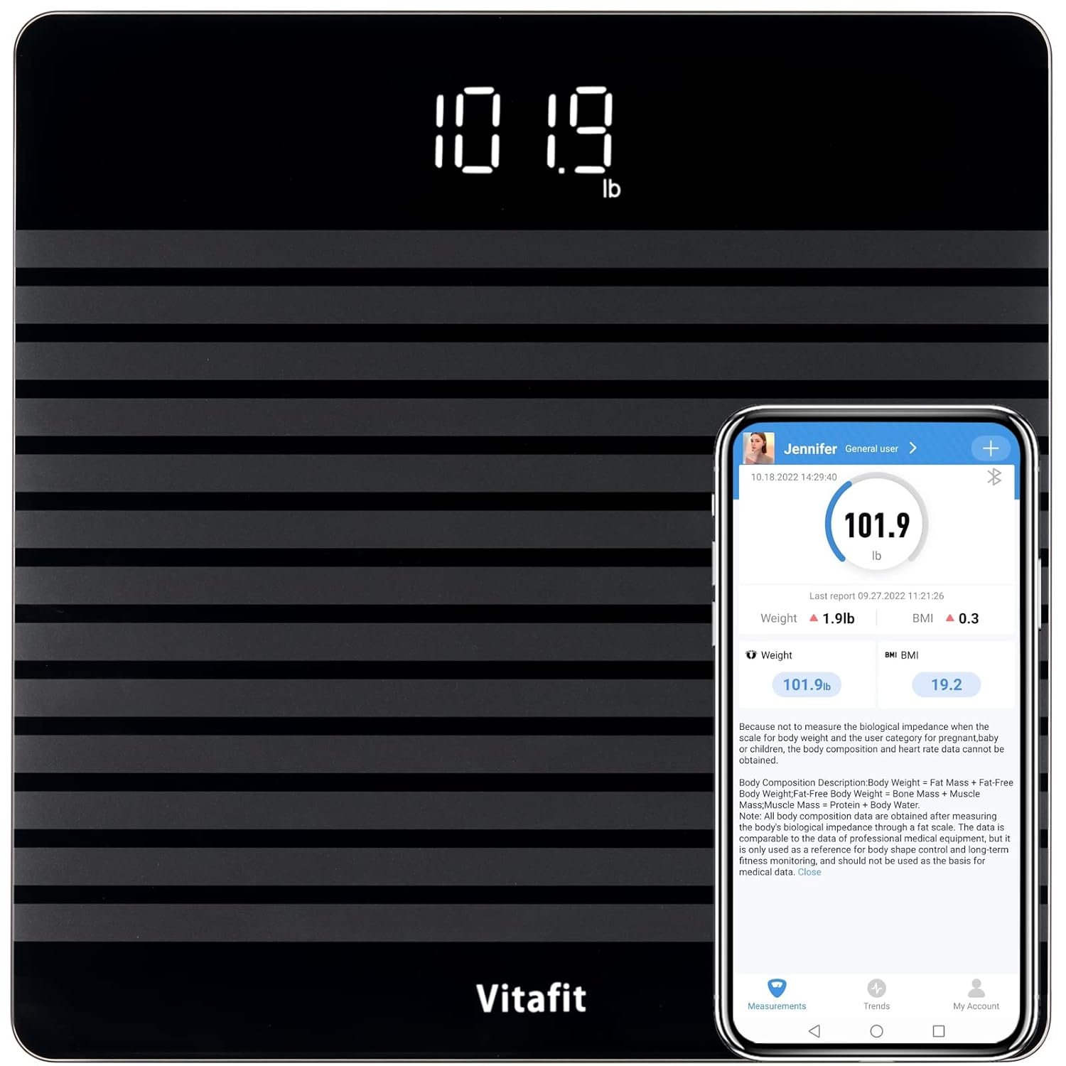 Vitafit Anti-Slip Smart Digital Bathroom Scale for Body Weight, High Accuracy Assured by Weighing Professional Since 2001, BMI with App,Black