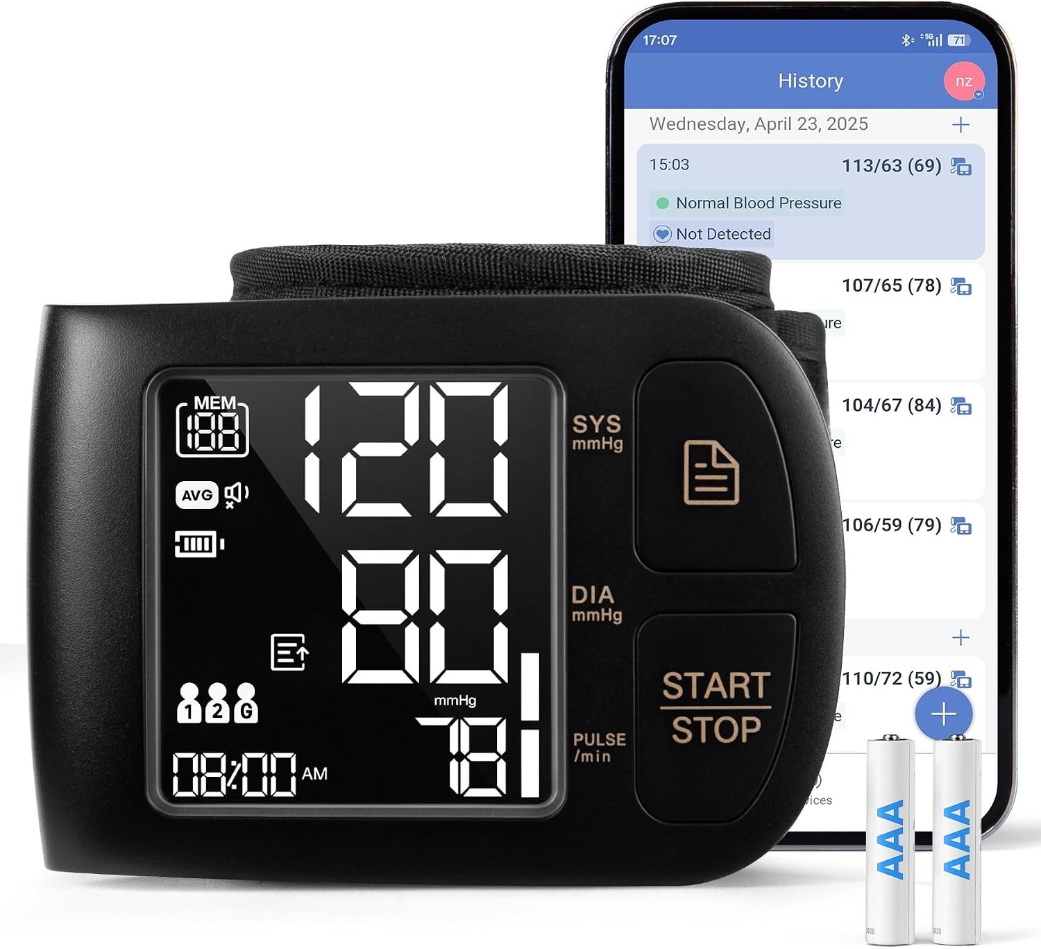 Blood Pressure Monitor Bluetooth Compatible for iOS & Android BP Machine 199×2 Readings Wrist Cuff 5.31-8.46 inch Voice Broadcast Batteries Included with Carrying Case, Black