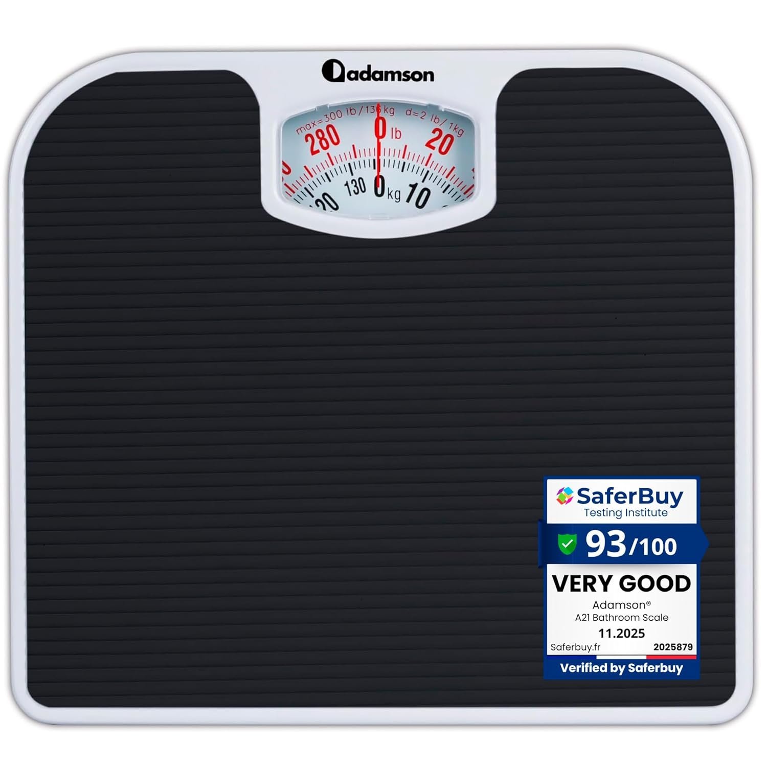 Adamson A21 Analog Scales for Body Weight – Up to 300 LB – New – Anti-Skid Rubber Surface + Large Numbers – Analog Bathroom Scale – Affordable – Durable with 20-Year Assurance – Black