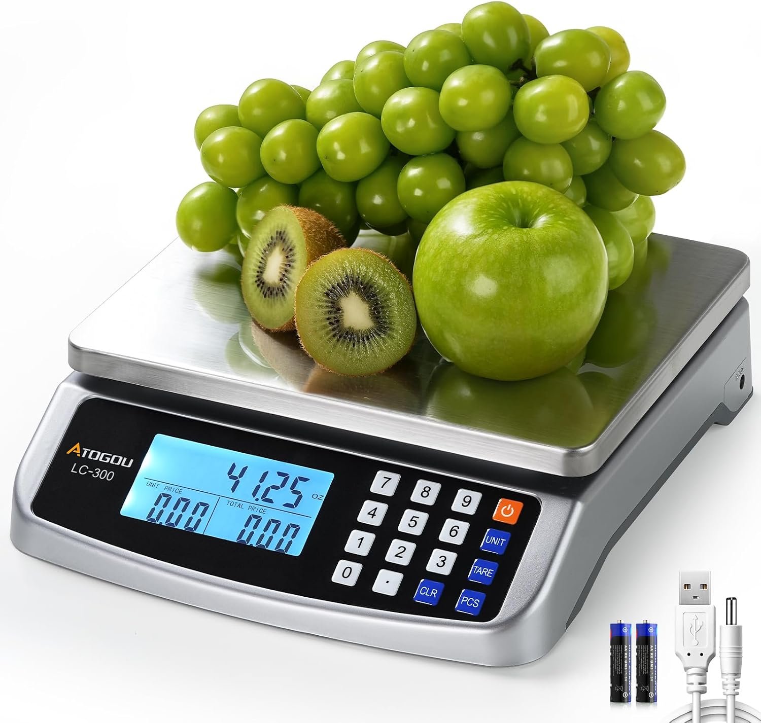 Atogou 110lb Food Scale, Commercial Kitchen Scale with Price Computing, Plug-in Usable, 0.05oz/1g, 304 Stainless Steel, for Cooking, Vegetables, Farm, Industry, Counting. LC300 Silver