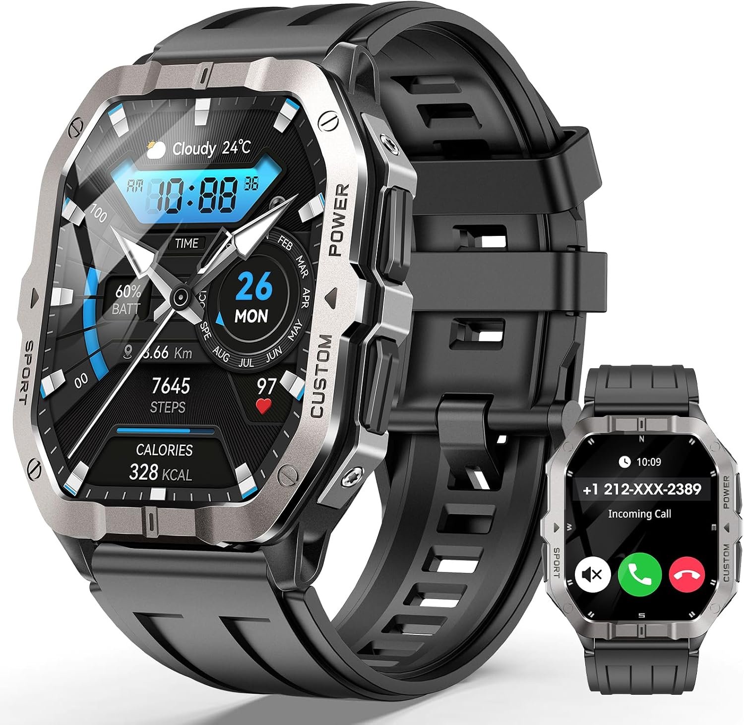 Military Smart Watch Built-in GPS, 100+ Sport Modes for Men, Smartwatch with Heart Rate & Sleep Tracking, 2ATM Waterproof, Bluetooth Calling, Fitness Watch for iPhone & Android, Black