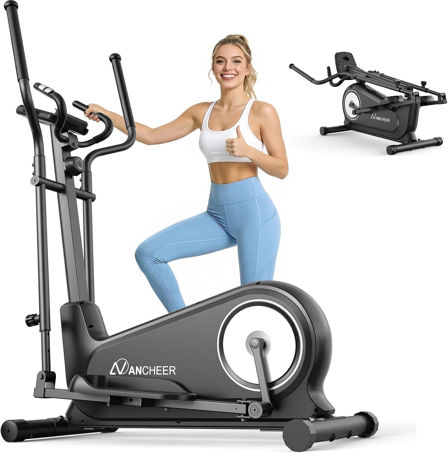ANCHEER Elliptical Exercise Machine, Indoor Training & Cardio Exercise Elliptical Machine for Home, Ultra-Silent Foldable & 16 Resistance Levels, 16IN Stride Max 550LBS Capacity
