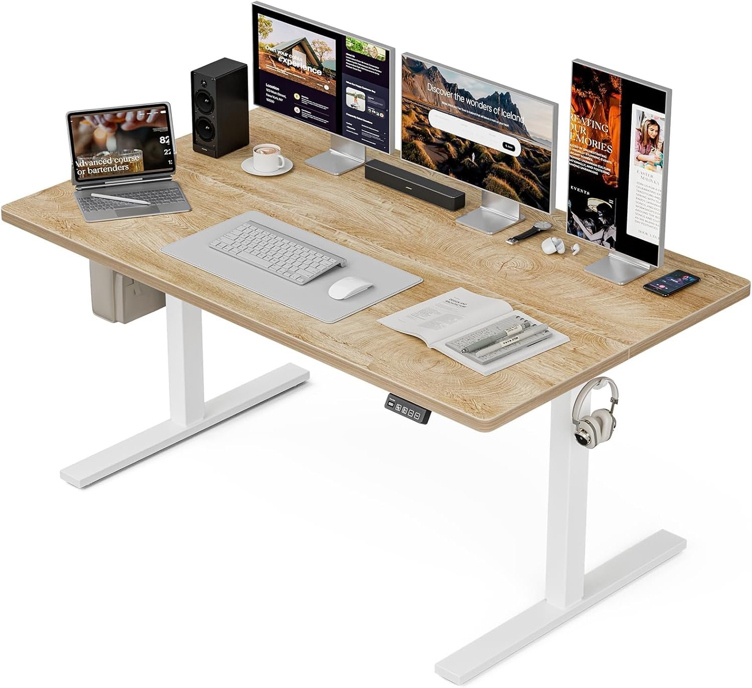 Grandder 55×32 Extra-Deep Electric Standing Desk, Wide Desktop Fits 49″ Ultrawide Monitor+Dual Screens, 176 lbs Capacity, 2 Memory Presets, Anti Collision, Computer Desk for Home Office & Gaming, Oak