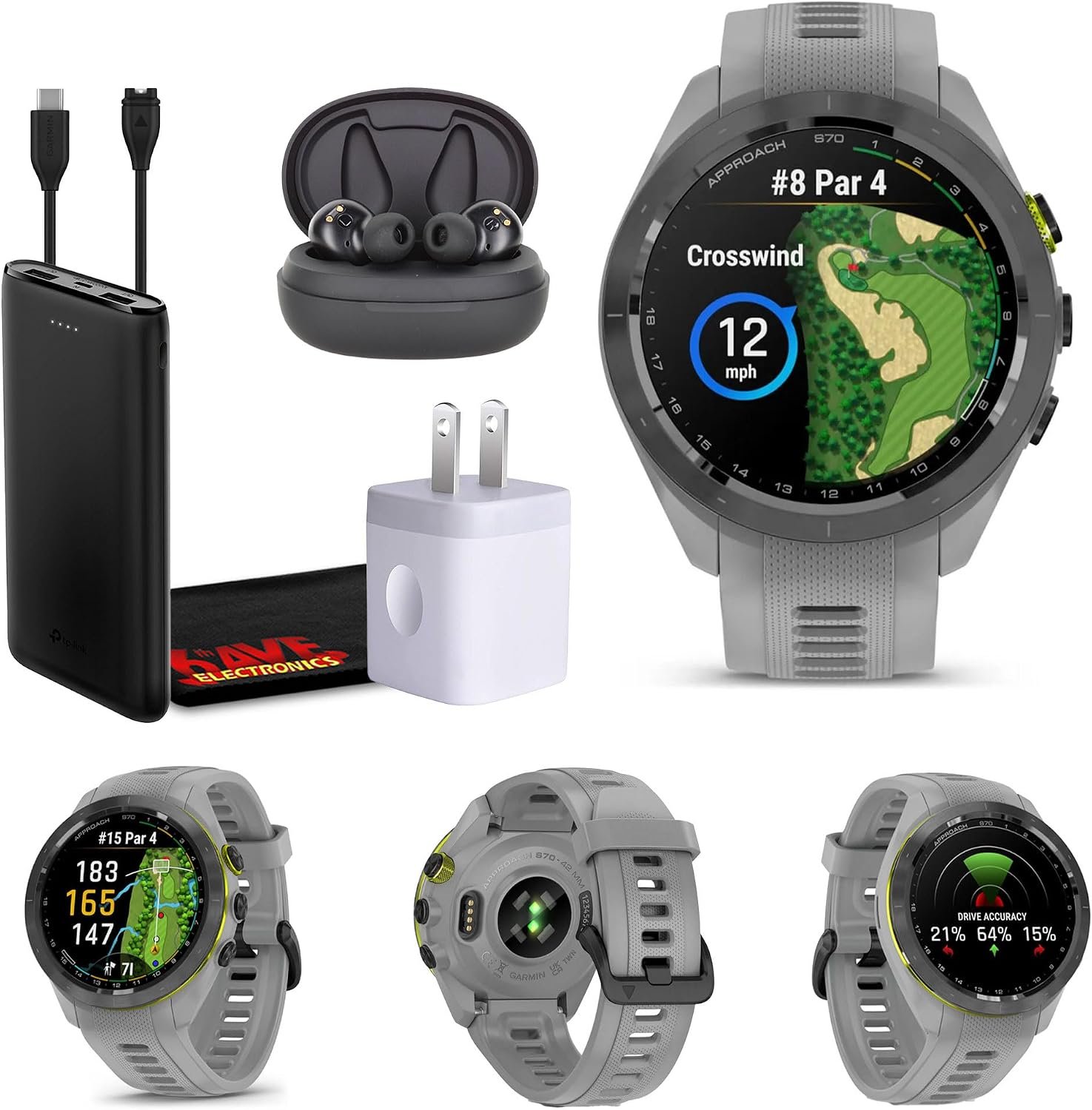 Garmin Approach S70 42MM Gray- Fitness Tracker Golf GPS Premium Smartwatch for Men, Lightweight Touchscreen AMOLED Display and Pre-Loaded Courses Bundle with Air Pro TWS Truly Wireless Earbuds –