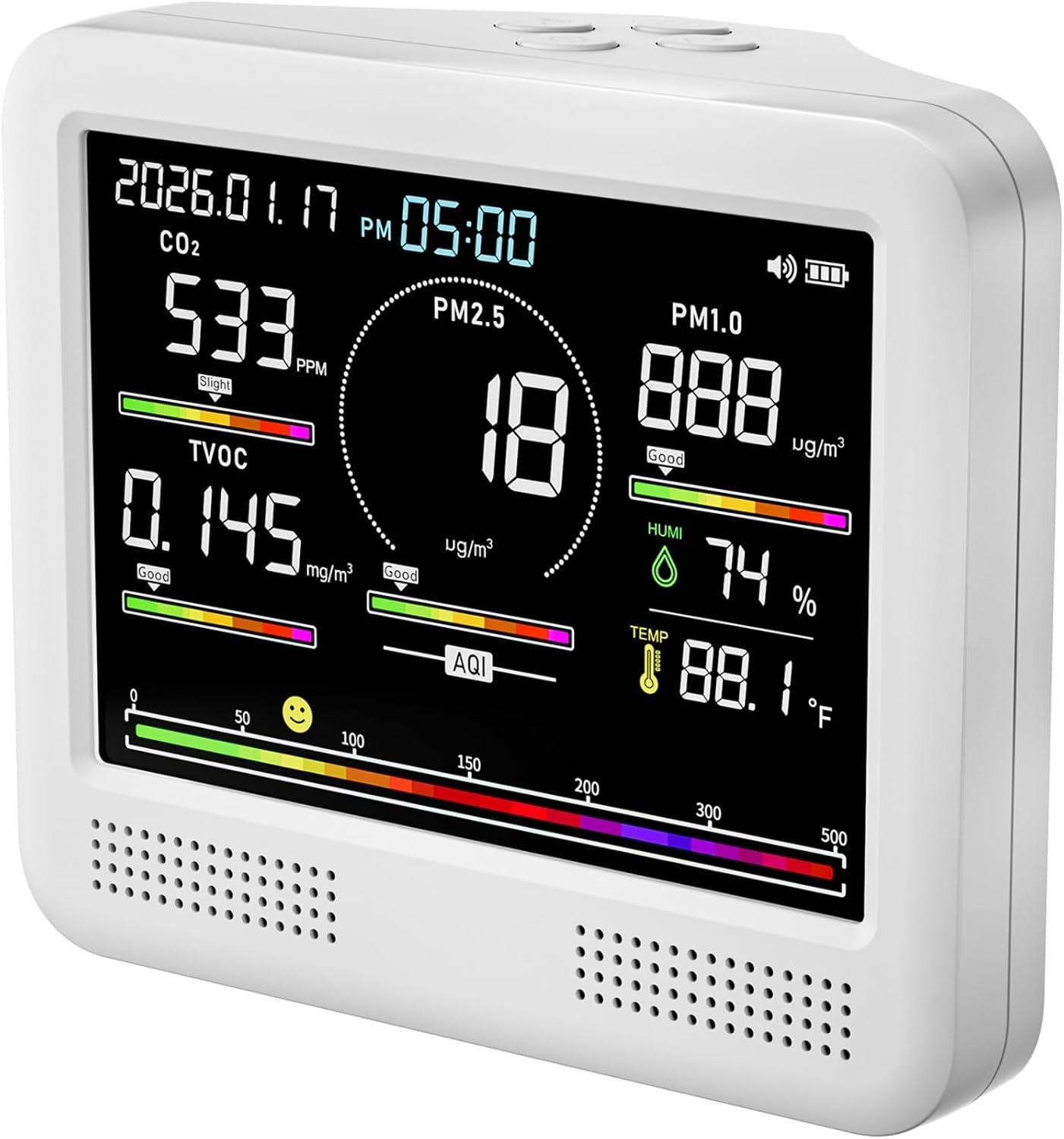 Indoor Air Quality Monitor for Home, CO2 Detector with PM2.5 PM10, Formaldehyde TVOC Sensor, AQI Temperature Humidity Display（White）