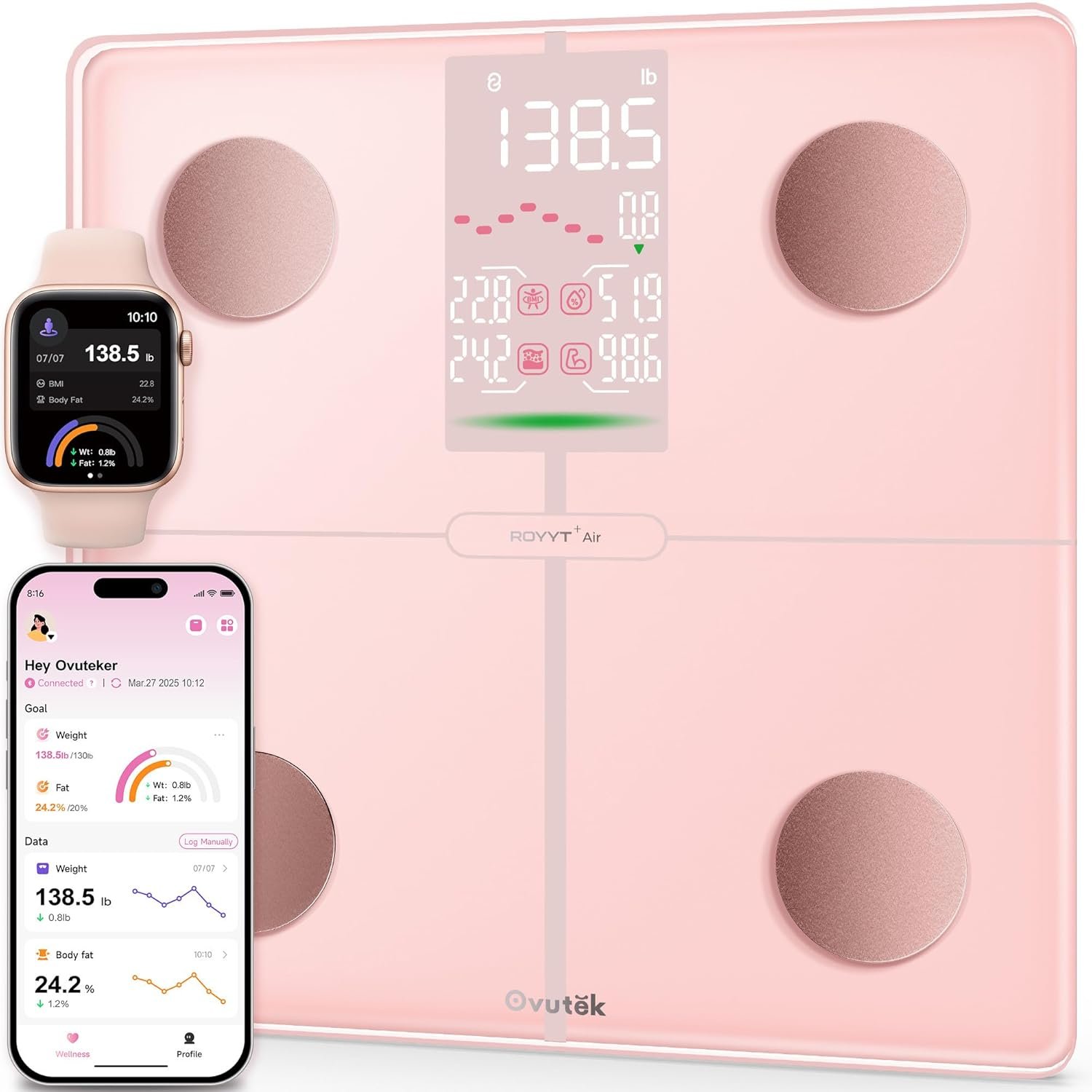 Ovutek Smart Scale for Body Weight, Professional Bathroom Digital Weighing Scale with BMI, Body Fat, Muscle Mass, Accurate Bluetooth Home User Health Equipment Sync Apps – Pink