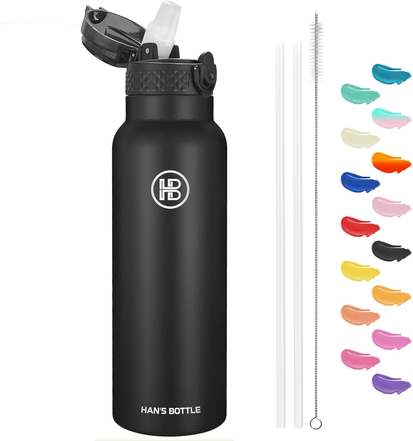 Han’s Bottle Sports Water Bottle – 24 Oz, Straw Lid, Leak Proof, Vacuum Insulated Stainless Steel, Double Walled, Thermo Mug,Black