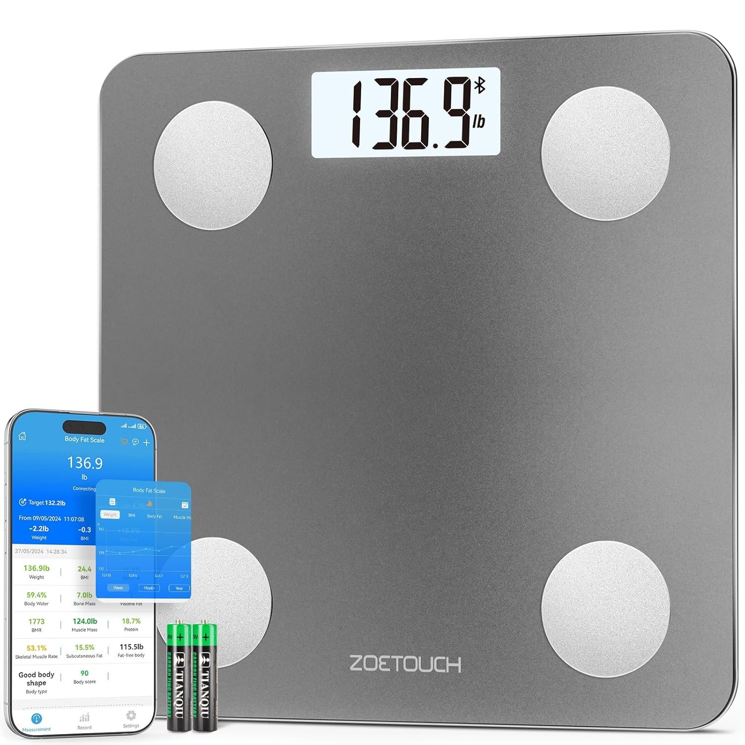 ZOETOUCH Smart Bathroom Scale for Body Weight, Digital Weighing Scale with BMI, Body Fat, Muscle Mass, Bluetooth Machine for People, Work with App, 14 Body Composition Analyzer