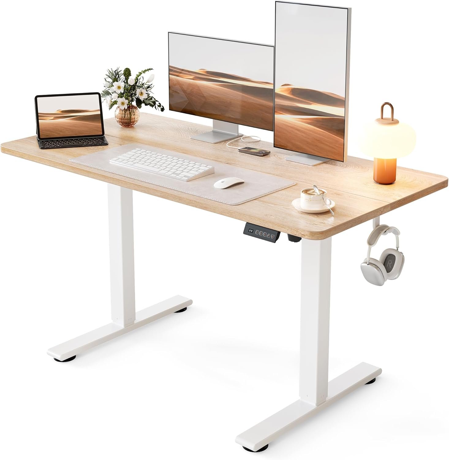 Cubiker Standing Desk, 48×24 Inches Sit Stand Home Office Desk, Electric Stand up Desk, Adjustable Desk with Splice Board, White Frame/Maple Top