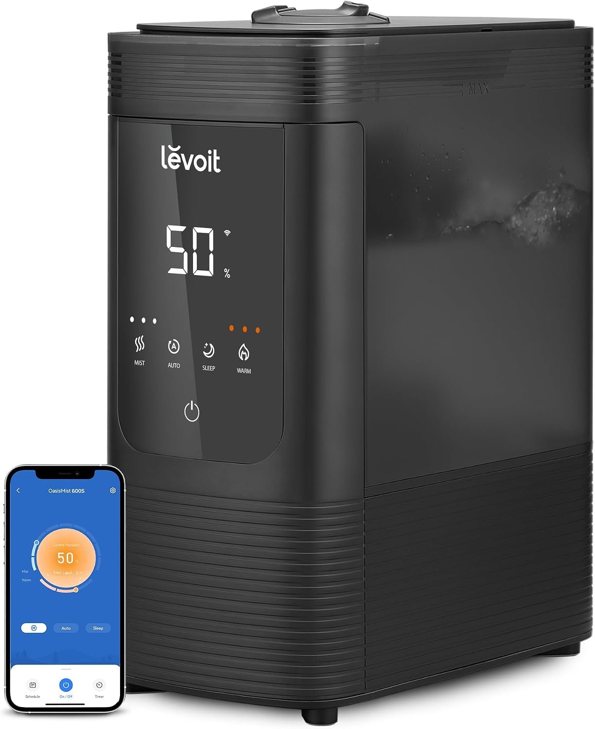 Levoit 6L Smart Warm and Cool Mist Humidifiers for Home Bedroom, 60H Runtime and Auto Customized Humidity for Large room, Schedule, Easy Top Fill, Essential Oil Diffuser, Whisper-Quiet, Handle, Black