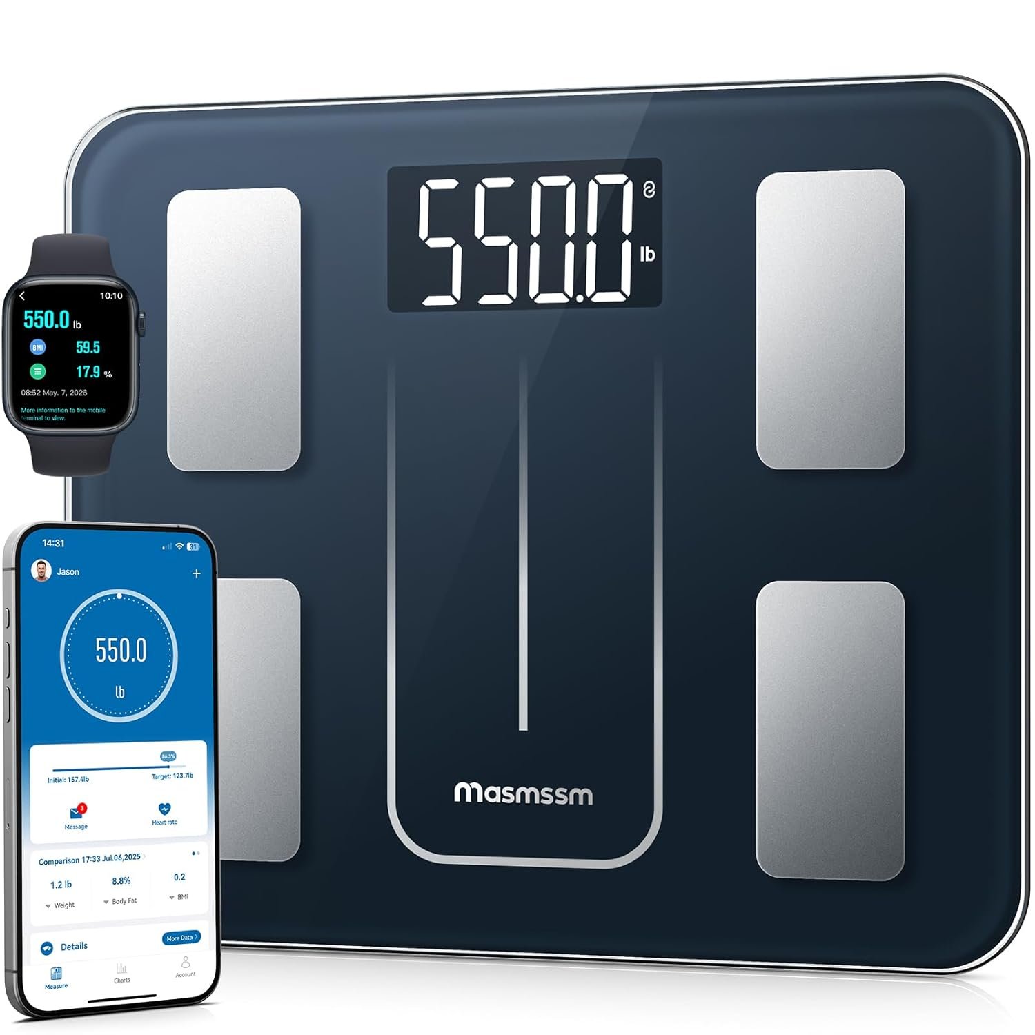 Smart Scale for Body Weight, 550 lb/ 250 kg High Capacity Large Platform Bathroom Scale with 4” x 2” LED Display, Body Composition Scale with 20 Metrics, App Sync, 350 * 300 mm