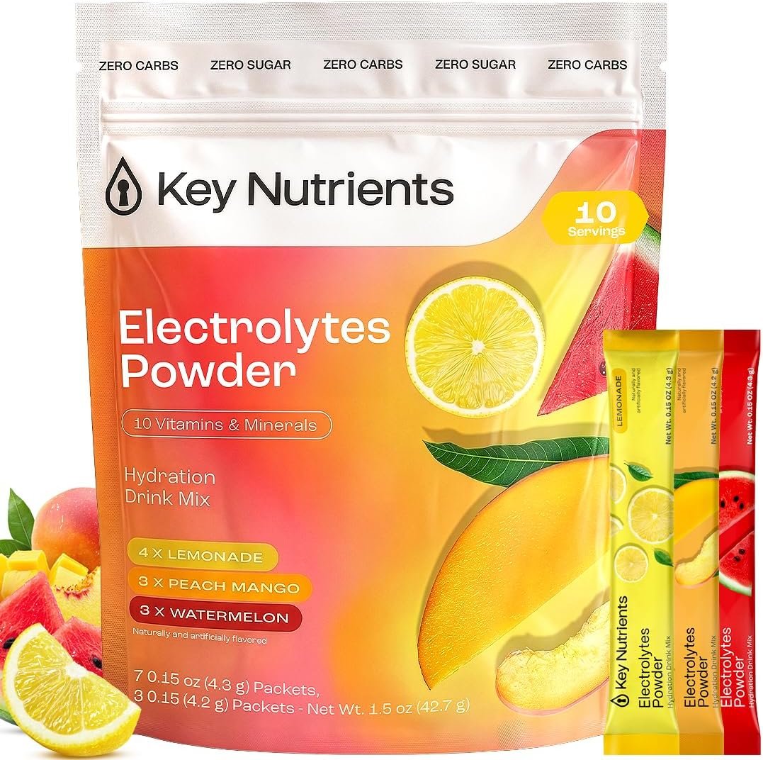 KEY NUTRIENTS Selenium Electrolytes Powder Packets – Variety Pack – Sugar Free Hydration Drink Mix – Keto Hydration Packets – Improved Refreshing Taste Lemonade, Peach Mango & Watermelon – 10 Pack