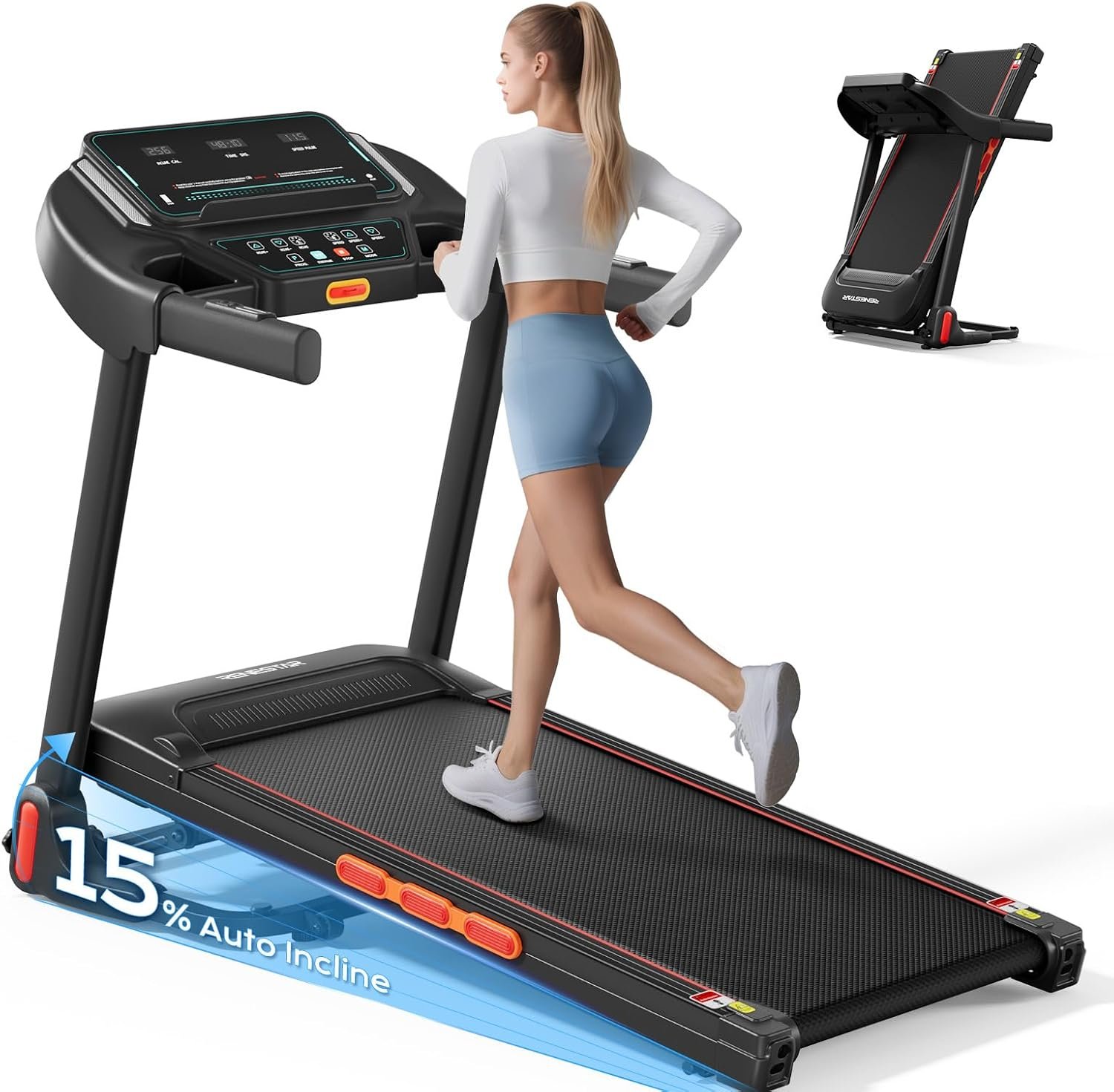 Renestar Treadmill for Home, Foldable Treadmills with 0%-15% Auto Incline, 3.0HP Brushless, 300 LBS Capacity, LED Display, Pulse Monitor, Bluetooth Speaker