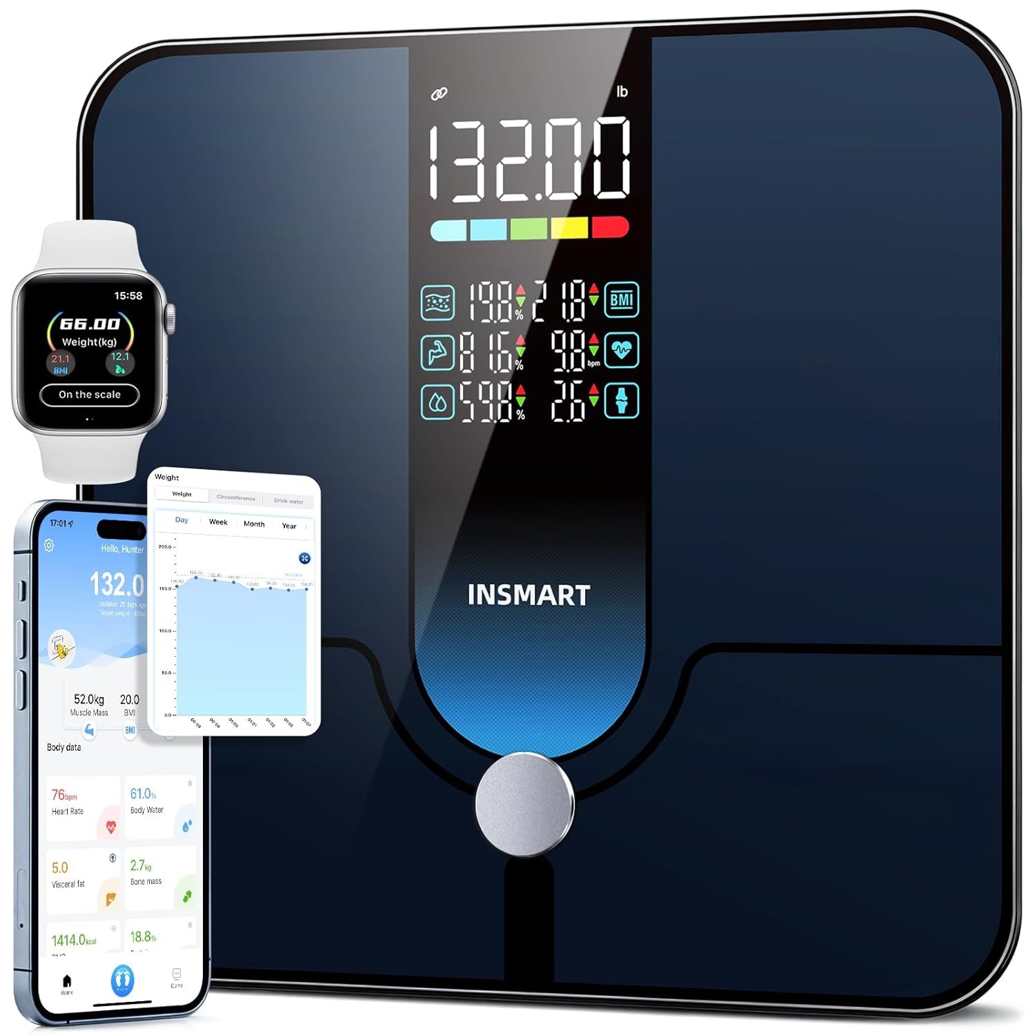 INSMART Smart Scale for Body Weight, Large Display Body Fat Scale, Accurate Weight Scale Digital Bluetooth Bathroom Scale for BMI Heart Rate, 25 Body Composition Analyzer with Fitness APP Sync, 500lbs