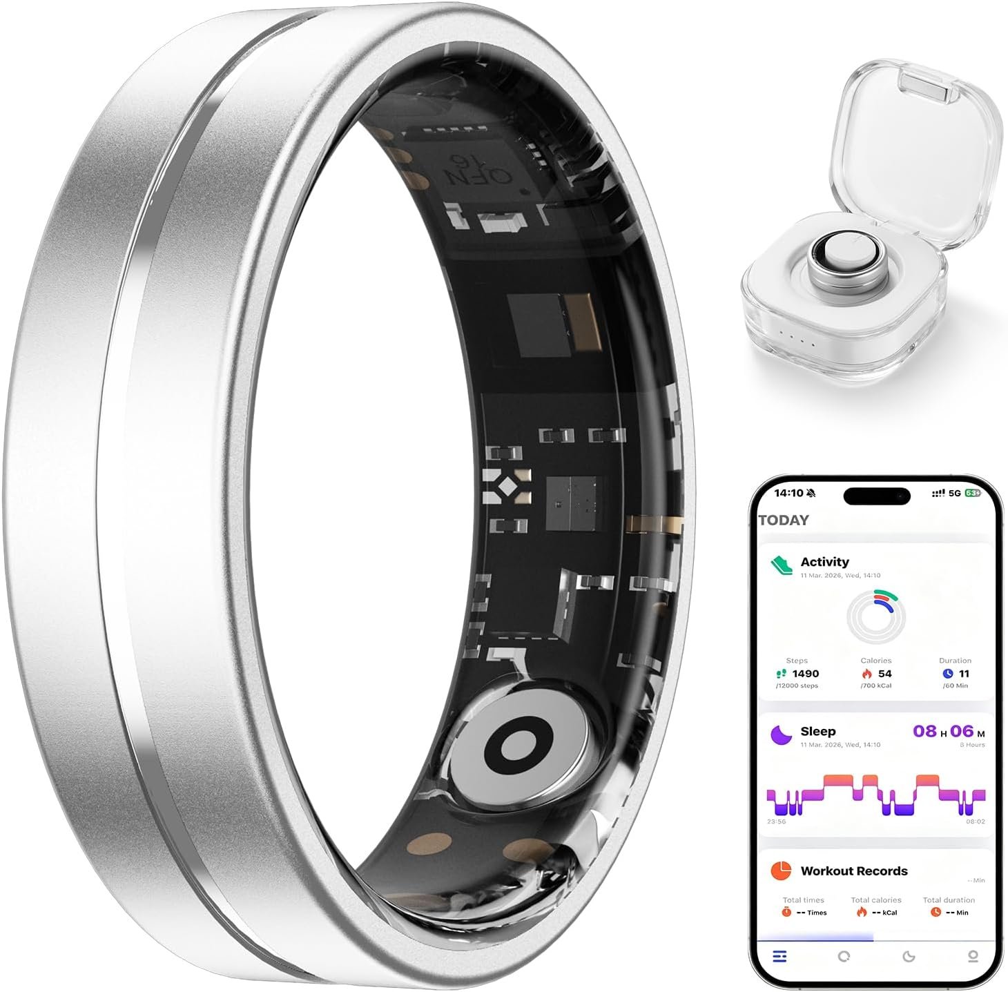 Smart Ring for Women Men, AI Health Fitness Tracker with Sleep, Heart Rate, HRV, Stress, Gesture Photo, IP68 Waterproof, No Subscription, iOS Android (Matte Sliver,10)