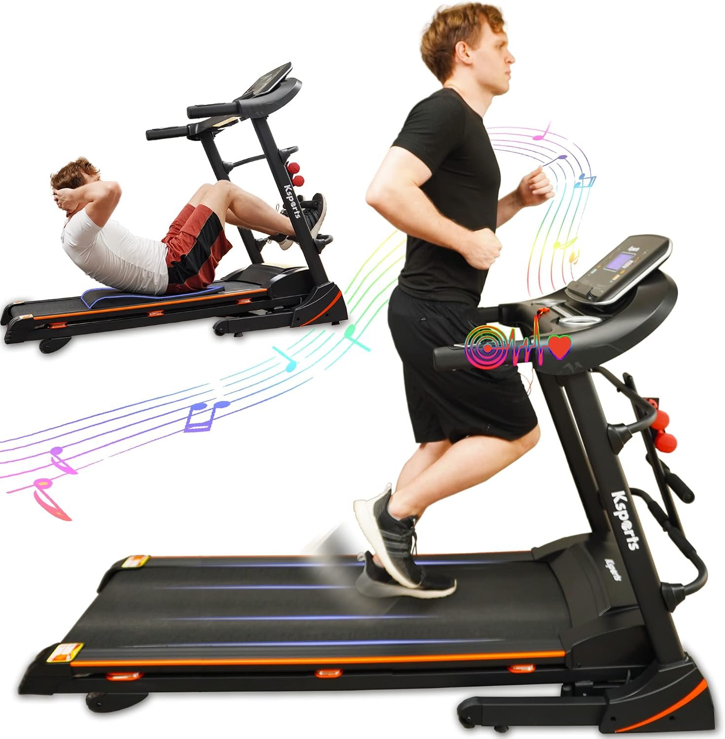 Ksports Foldable 16.5 Inch Cardio Fitness Portable Treadmill with Bluetooth Connectivity, LCD Display, and Tracking Apps for Home Gym Equipment, Black