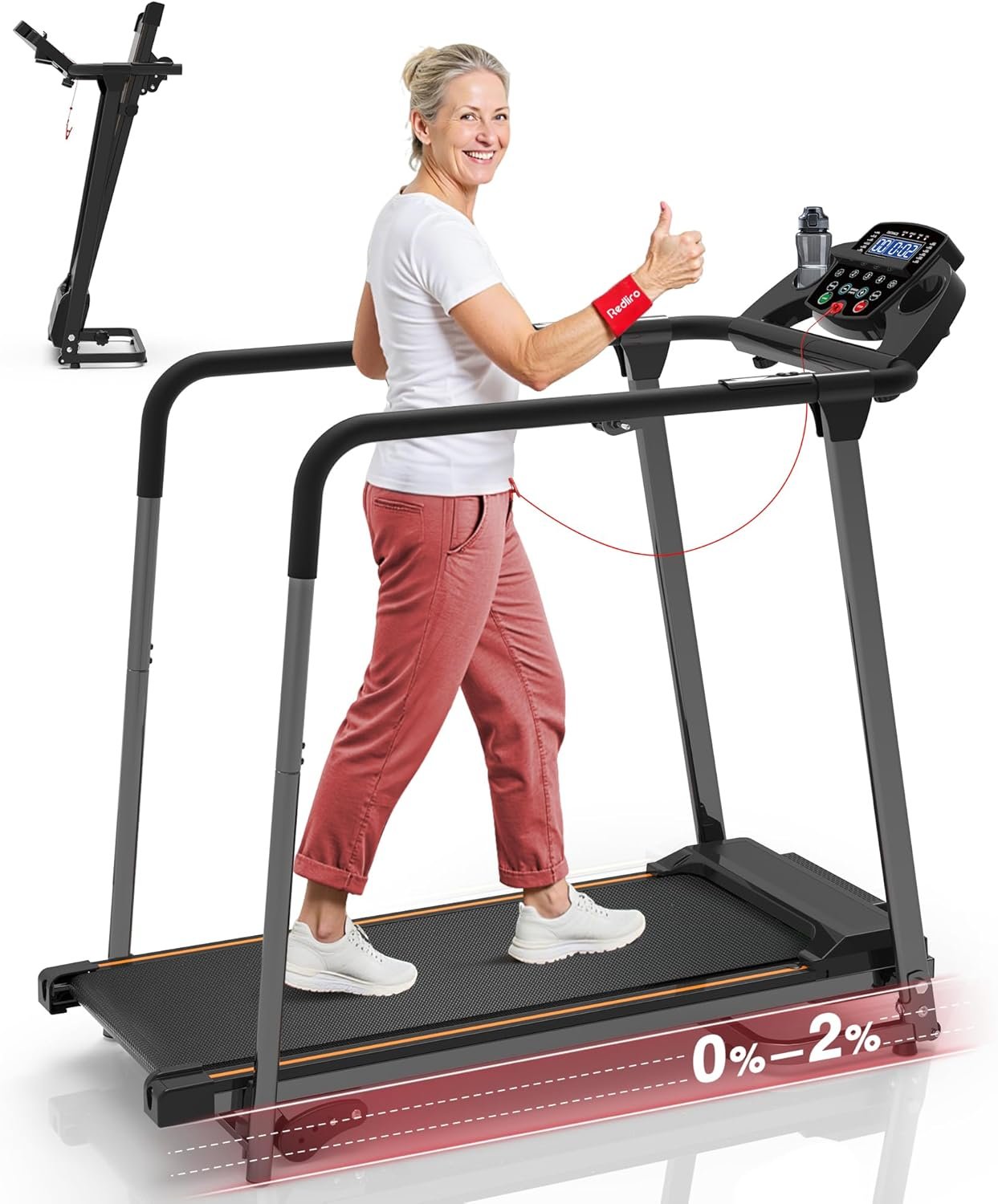 Redliro Treadmill for Seniors with Long Handrails – Foldable Walking Treadmill for Home Small, 300 lbs Capacity, 0-2% Incline, Auto Lube, Mute & Quick Speed Button, Elder Recovery, Cup & Phone Holder