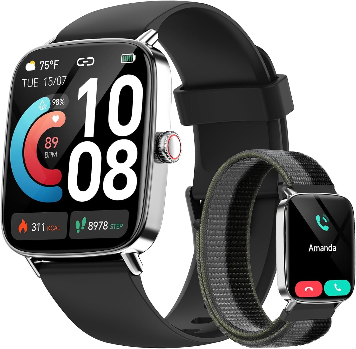 Smart Watch for Men Women, 1.85″ HD Smartwatch Compatible iPhone/Samsung/Android (Answer/Make Calls), 100+ Sport Modes Fitness Tracker with Heart Rate/Sleep/SpO2 Monitor, IP68 Waterproof, with 2 Bands