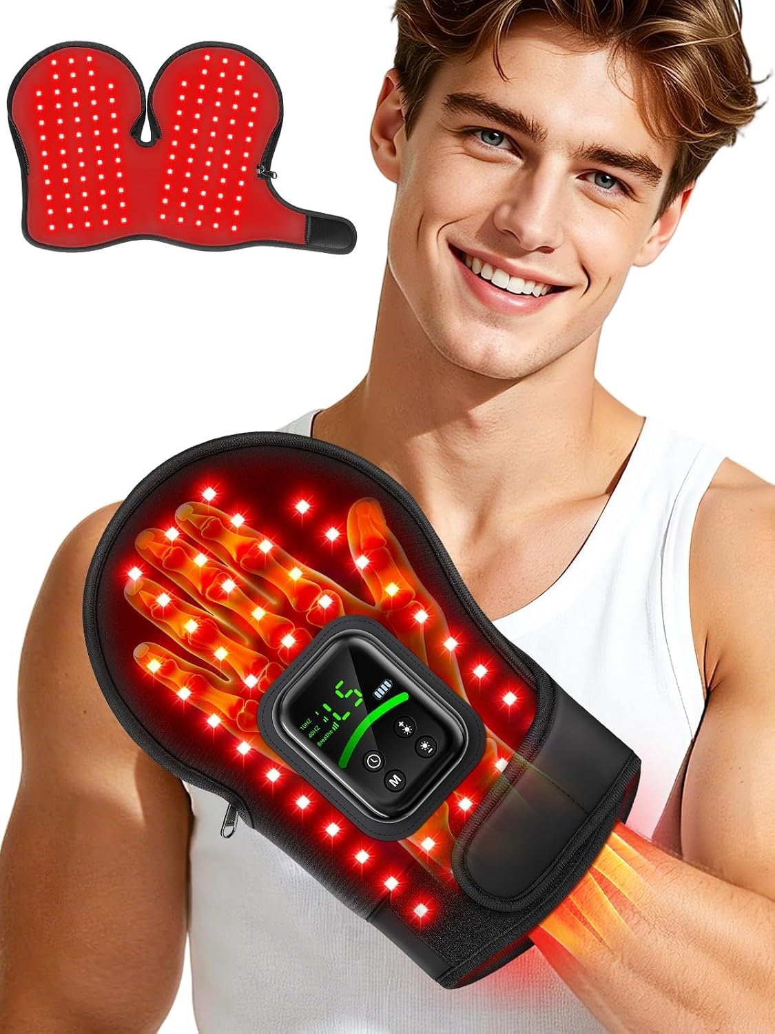 Cordless Red Light Therapy Glove for Hand, 112 Dual-Sided LEDs Hand Wrap with 5000mAh Battery & 660nm & 850nm, 5 Brightness Levels, Pulse Modes, Auto Timer, Fit for Wrist Finger Joint Wrinkles, Black